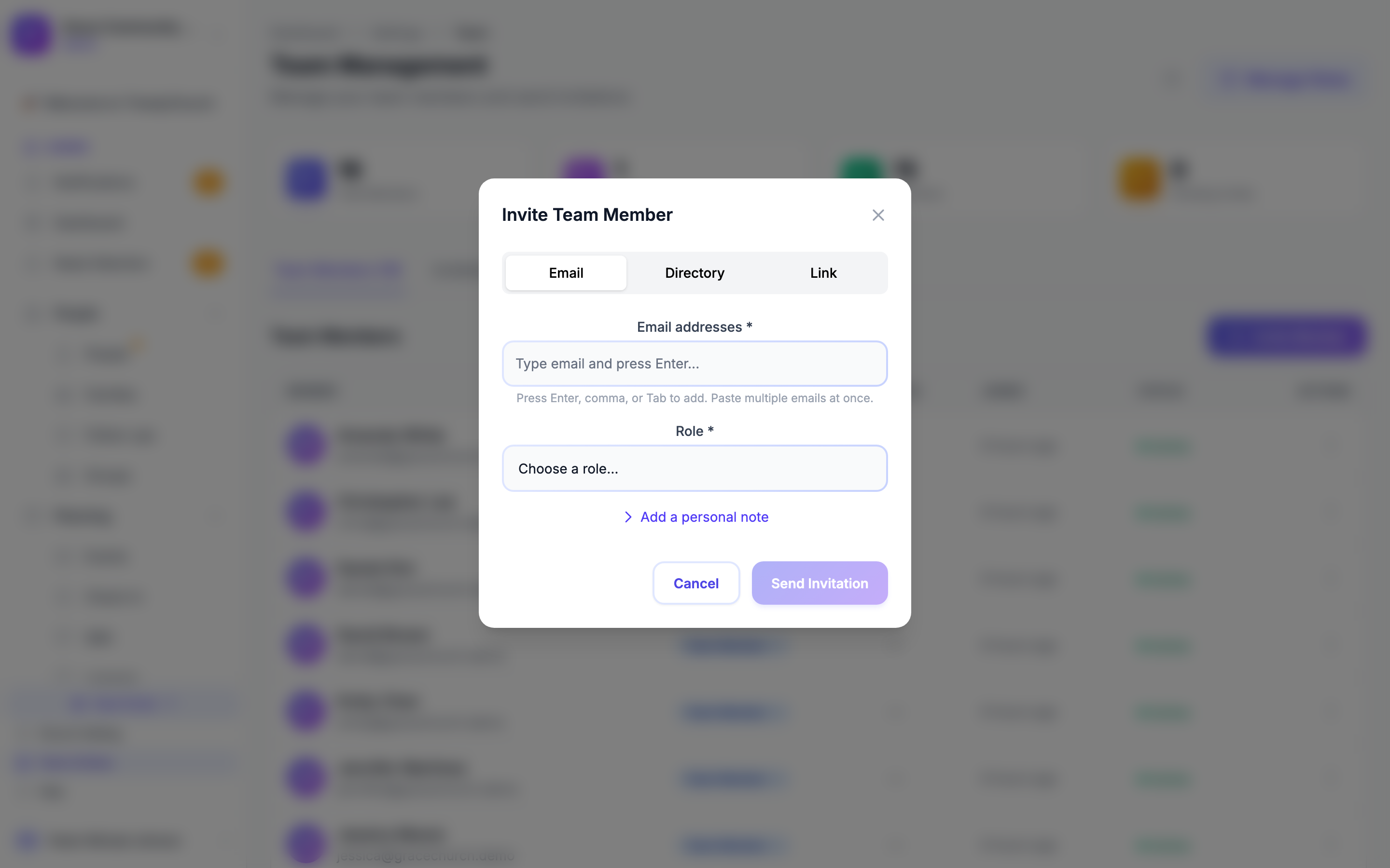 Team invitation form with email, role selection