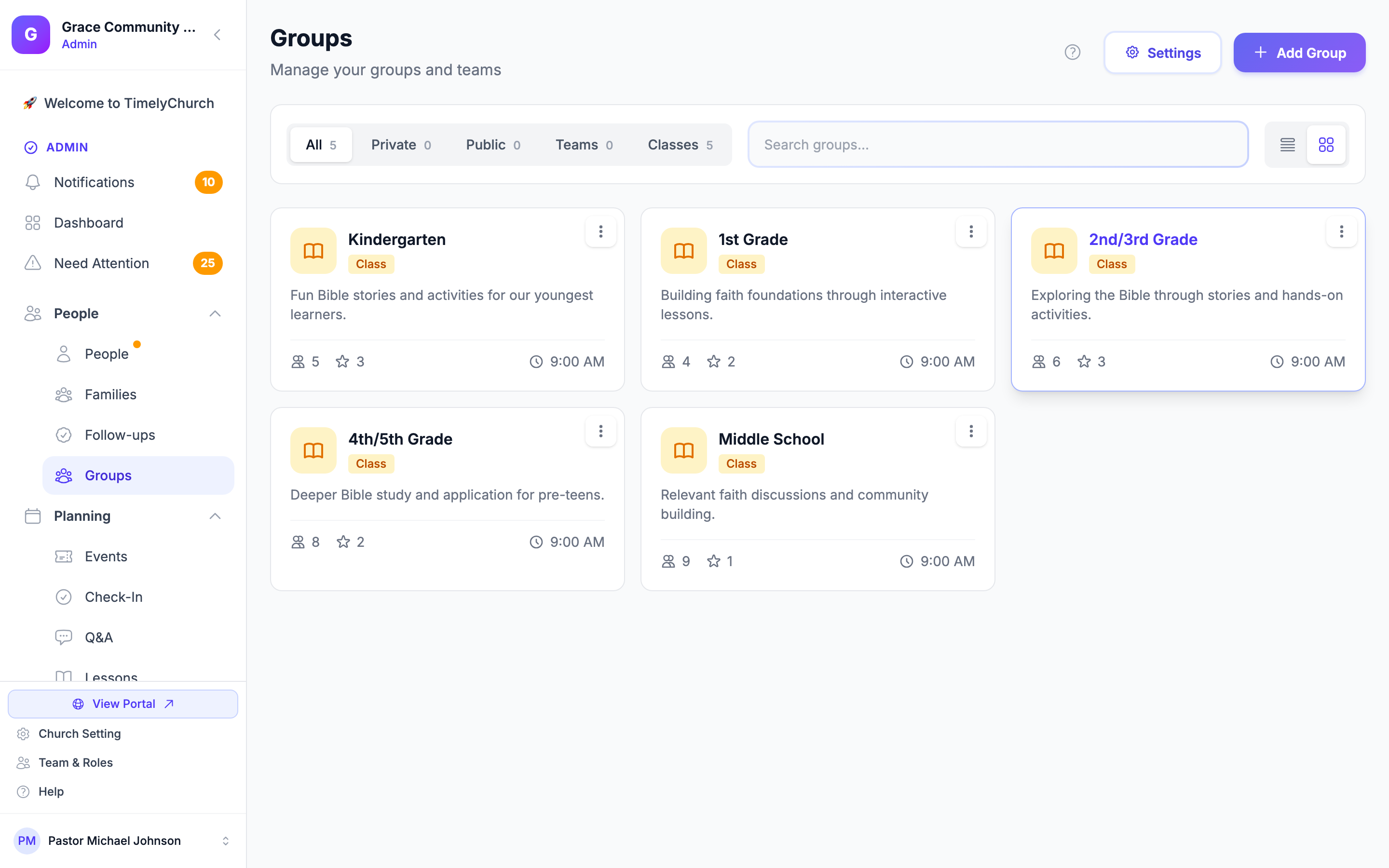 Groups page showing several groups with member counts