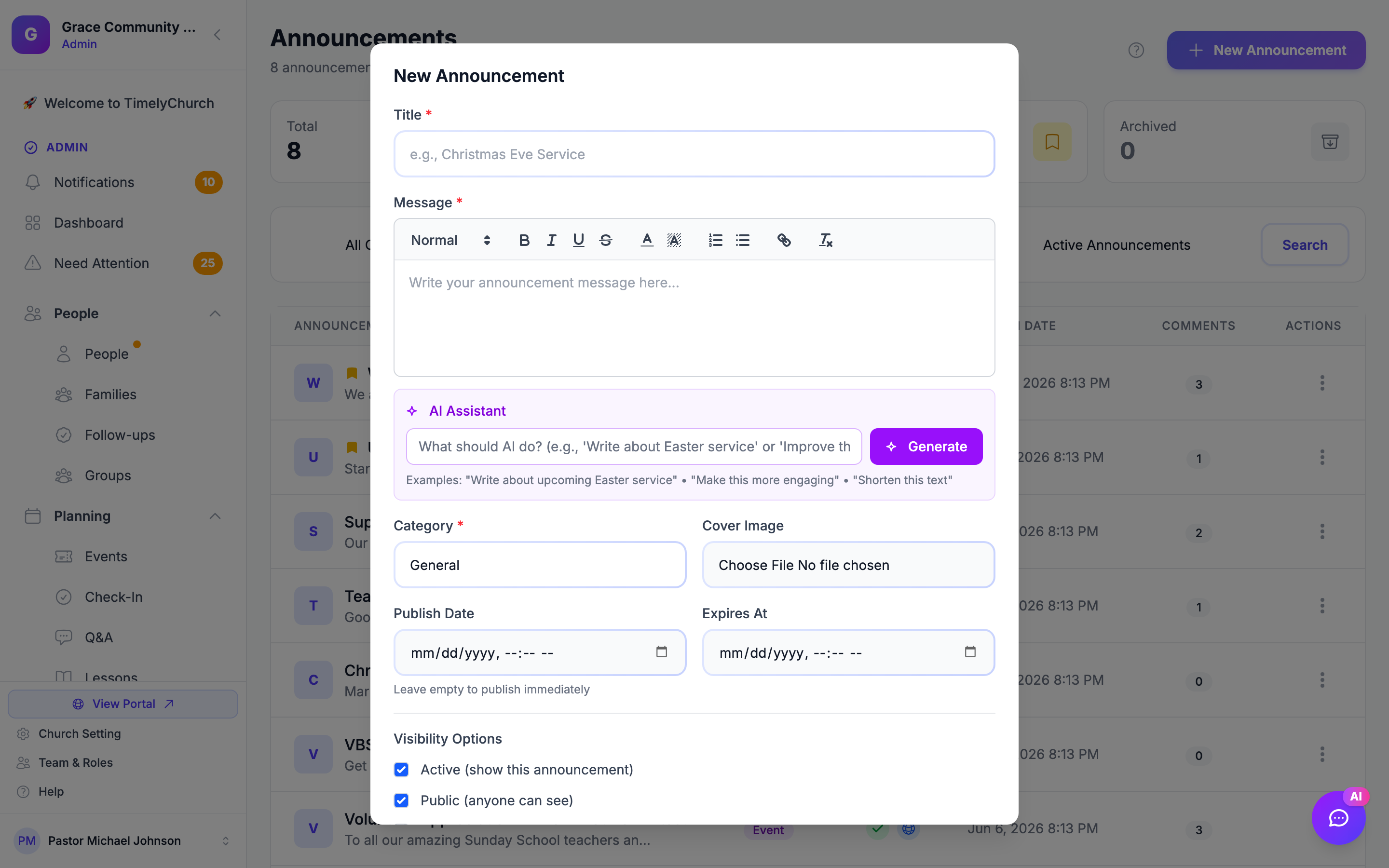 New Announcement form with title, content, and pin option