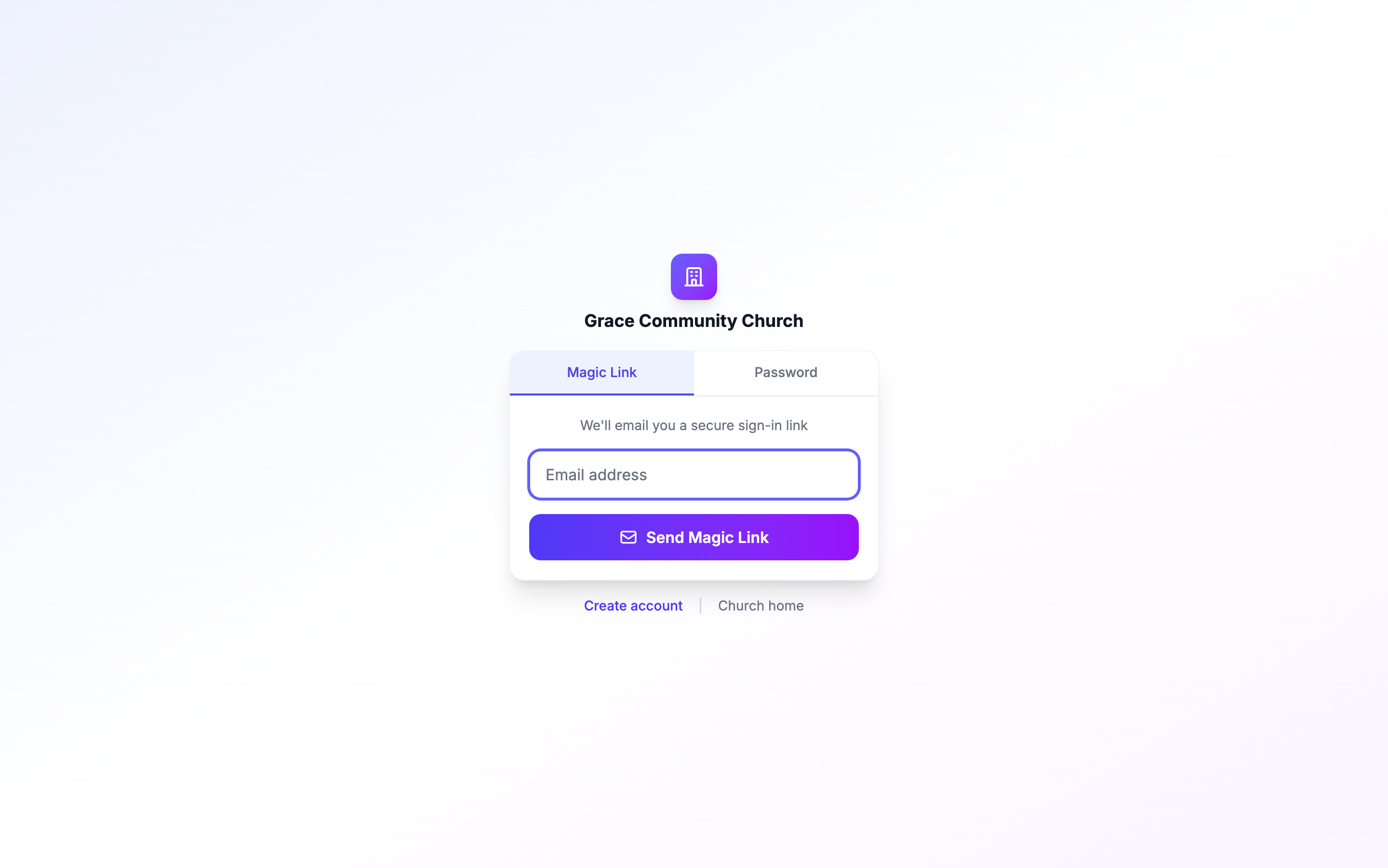 Magic link email showing Sign in to (Church Name)