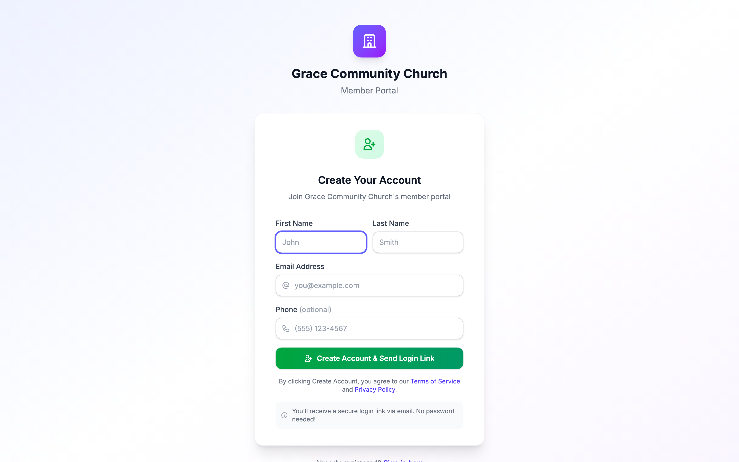 Self-registration form with first name, last name, email, phone fields