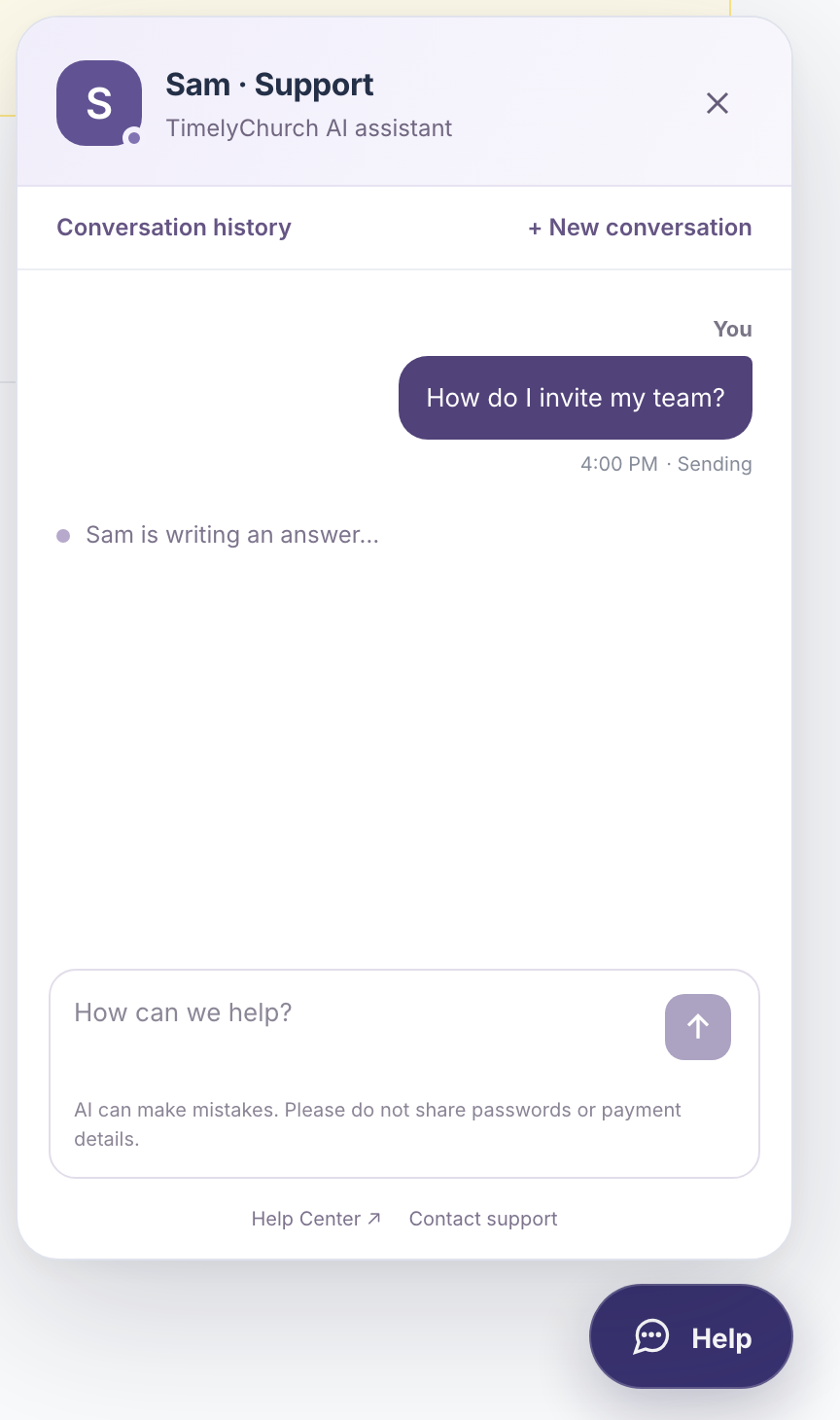 A conversation in the Sam panel with the user's question and the "Sam is writing an answer…" line underneath