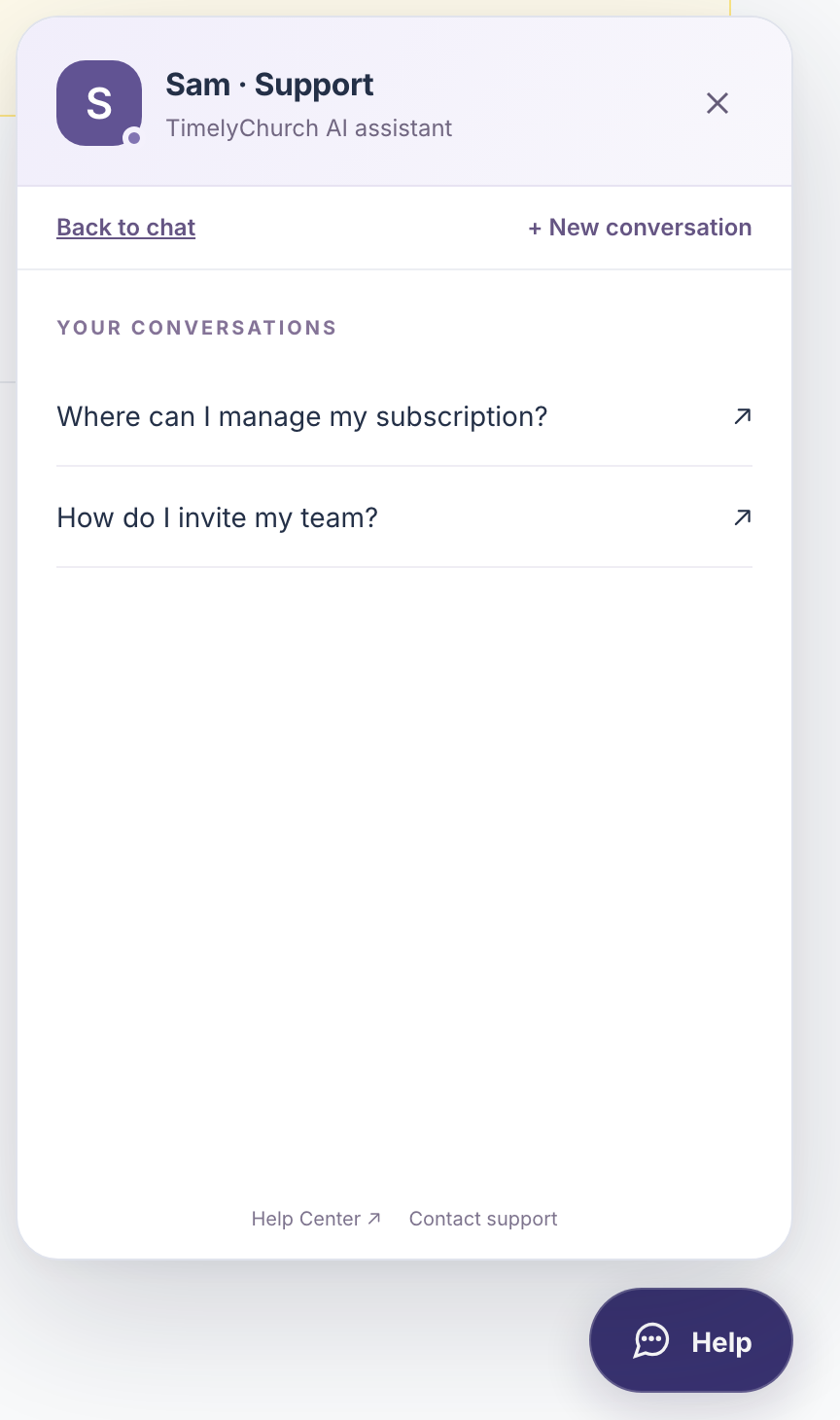 The Sam panel showing "Your conversations" with a few past conversations listed and the "Back to chat" and "+ New conversation" buttons