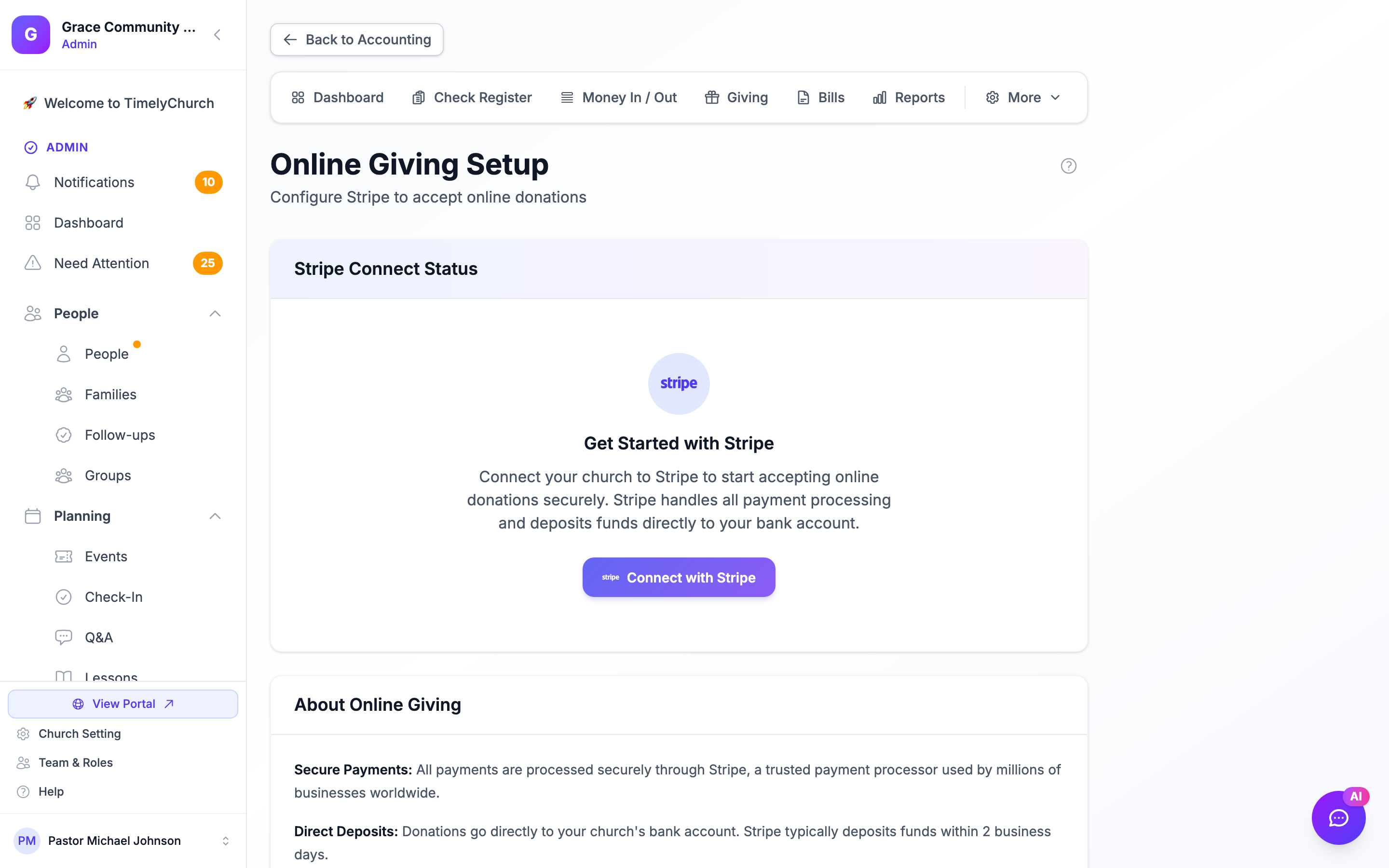 The Online Giving Setup page showing the "Get Started with Stripe" panel with the "Connect with Stripe" button