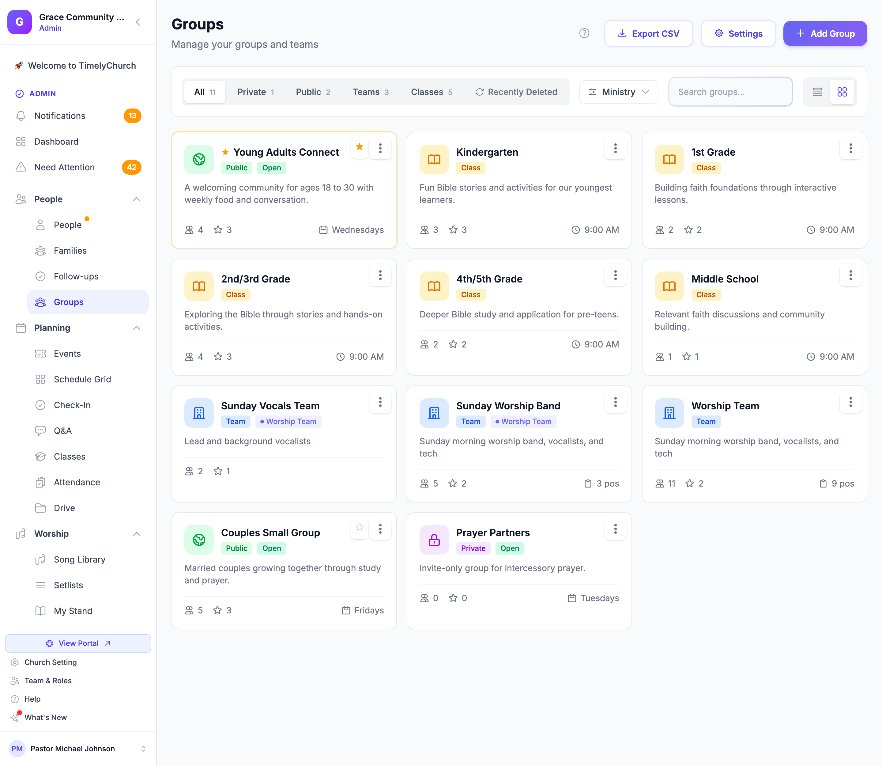The Groups list with type filter tabs, the ministry filter, and group cards