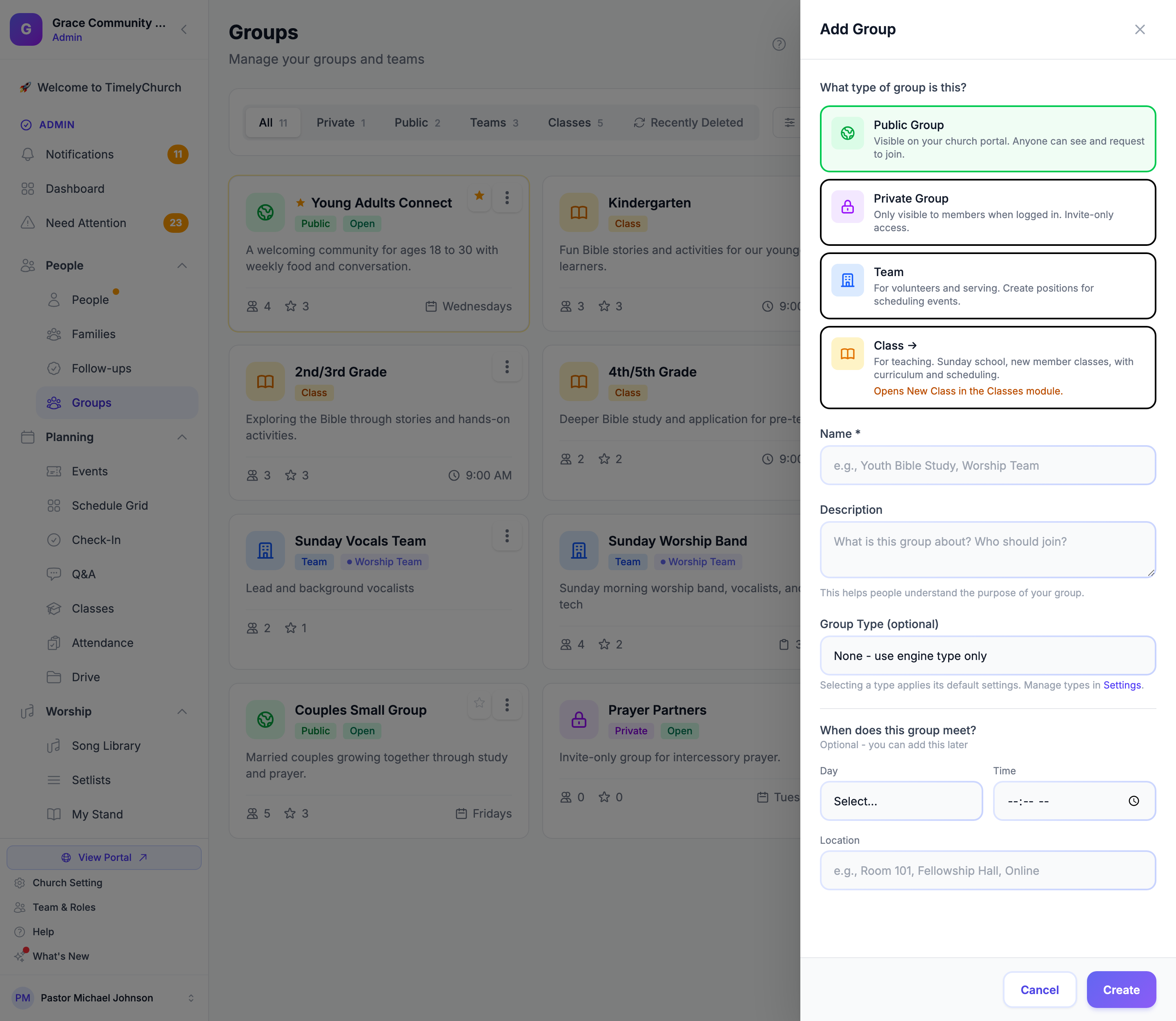 The Add Group panel with the four type cards, Name, Description, and the meeting fields