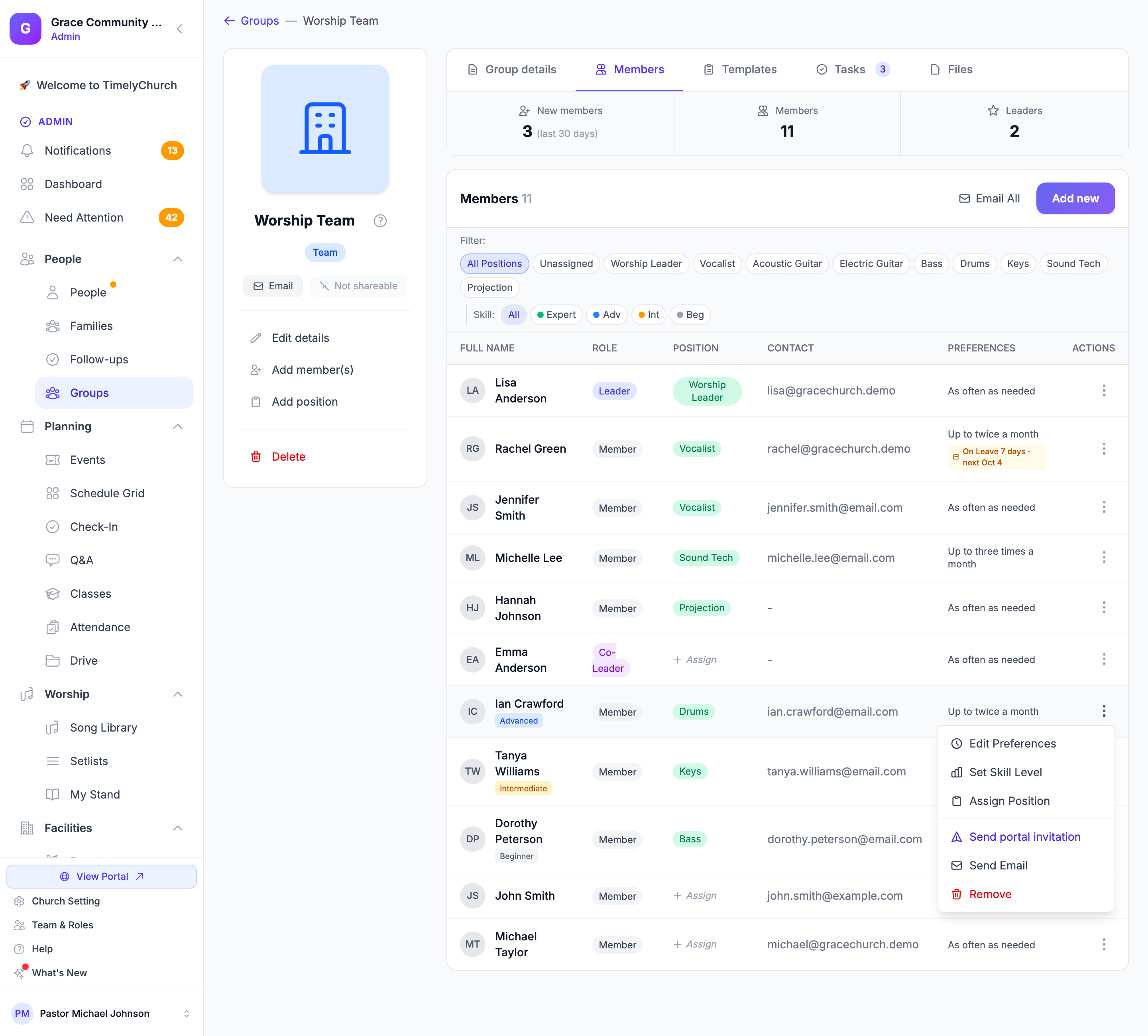 The Members tab with the role column, preferences, and the row actions menu open