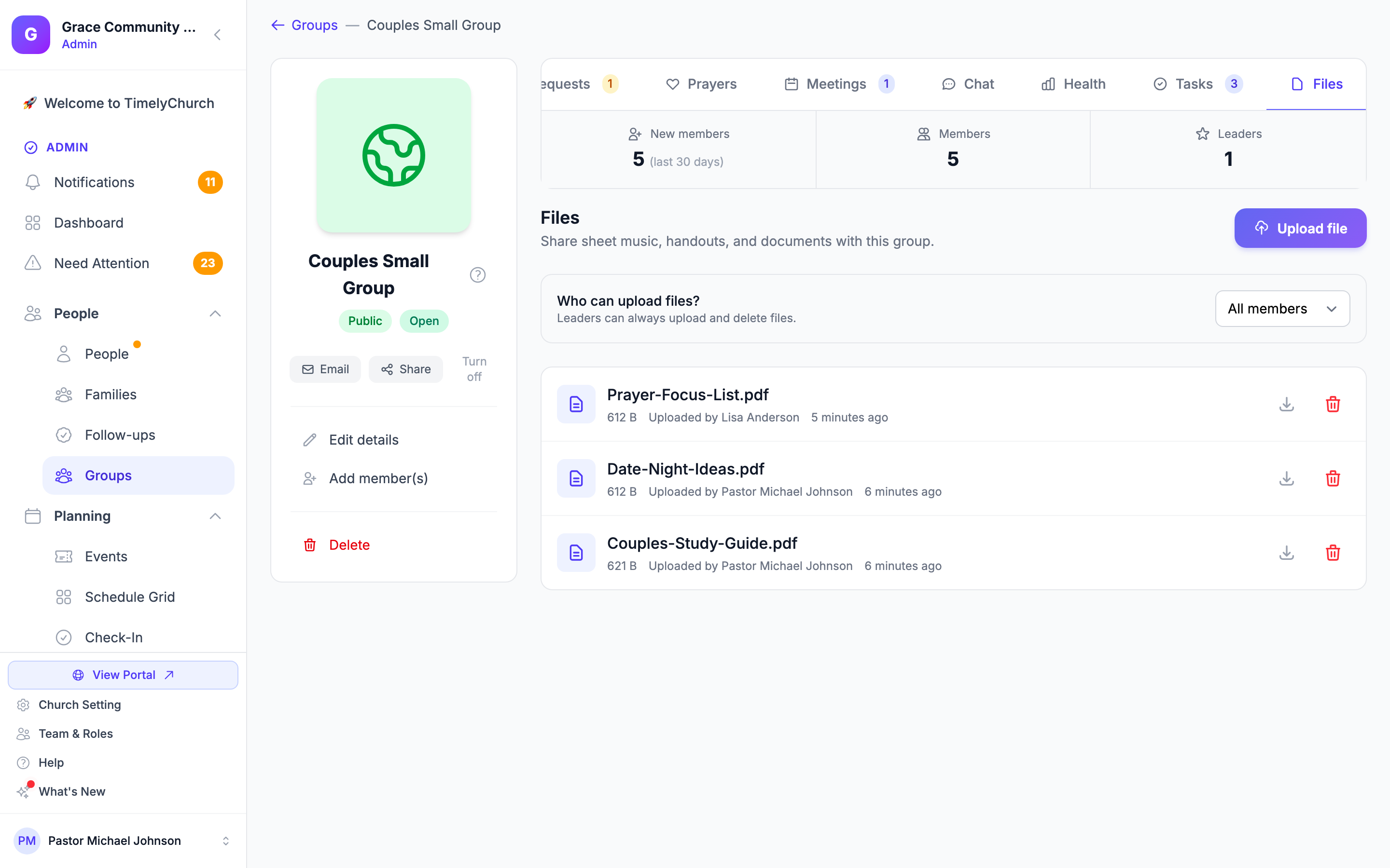The Files tab of a group with the upload button, the upload setting, and a list of files