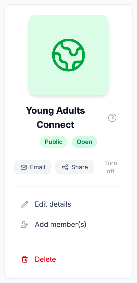 The group page's left-hand panel with the Share and Turn off buttons