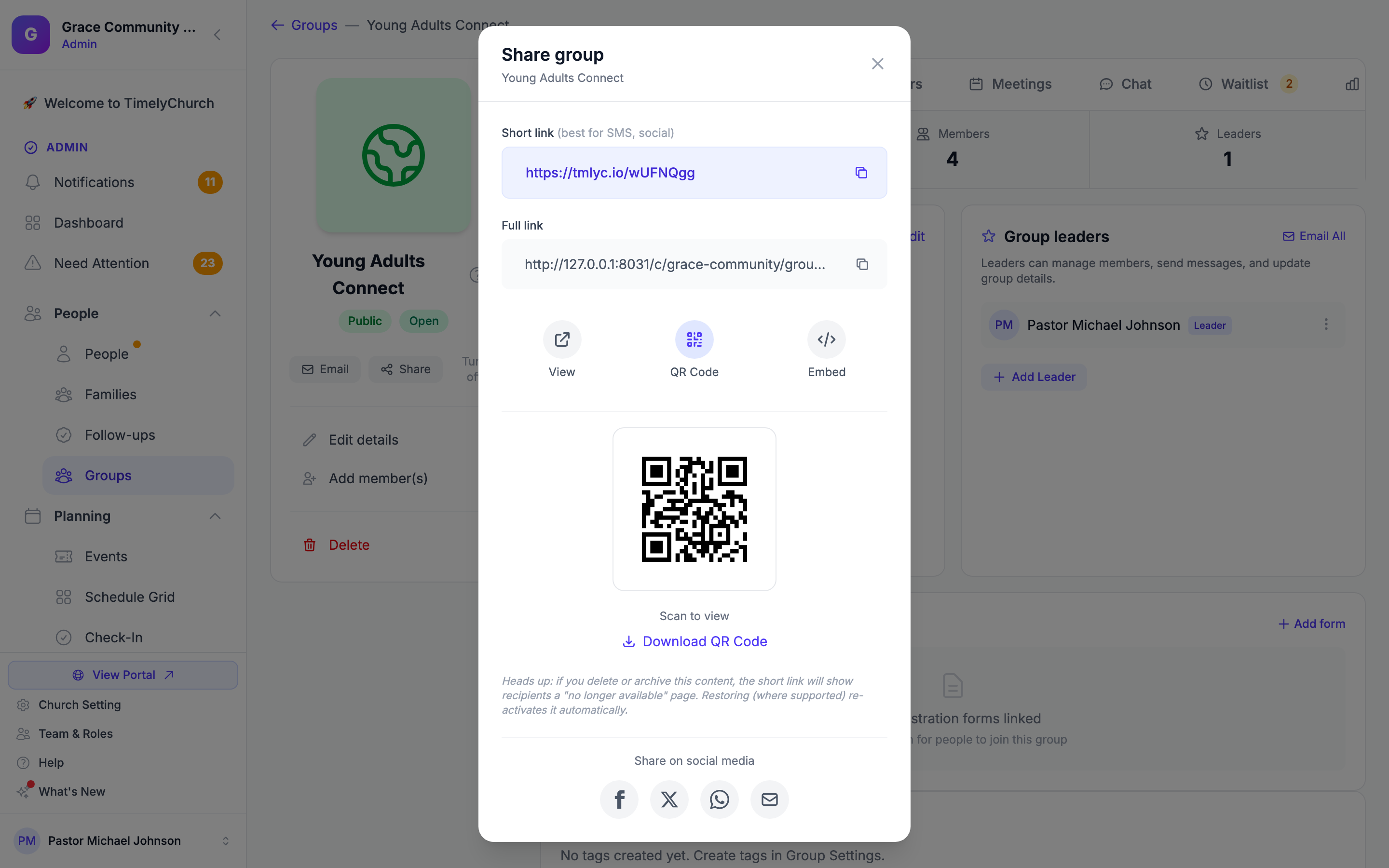 The Share group window with the short link, full link, and QR code