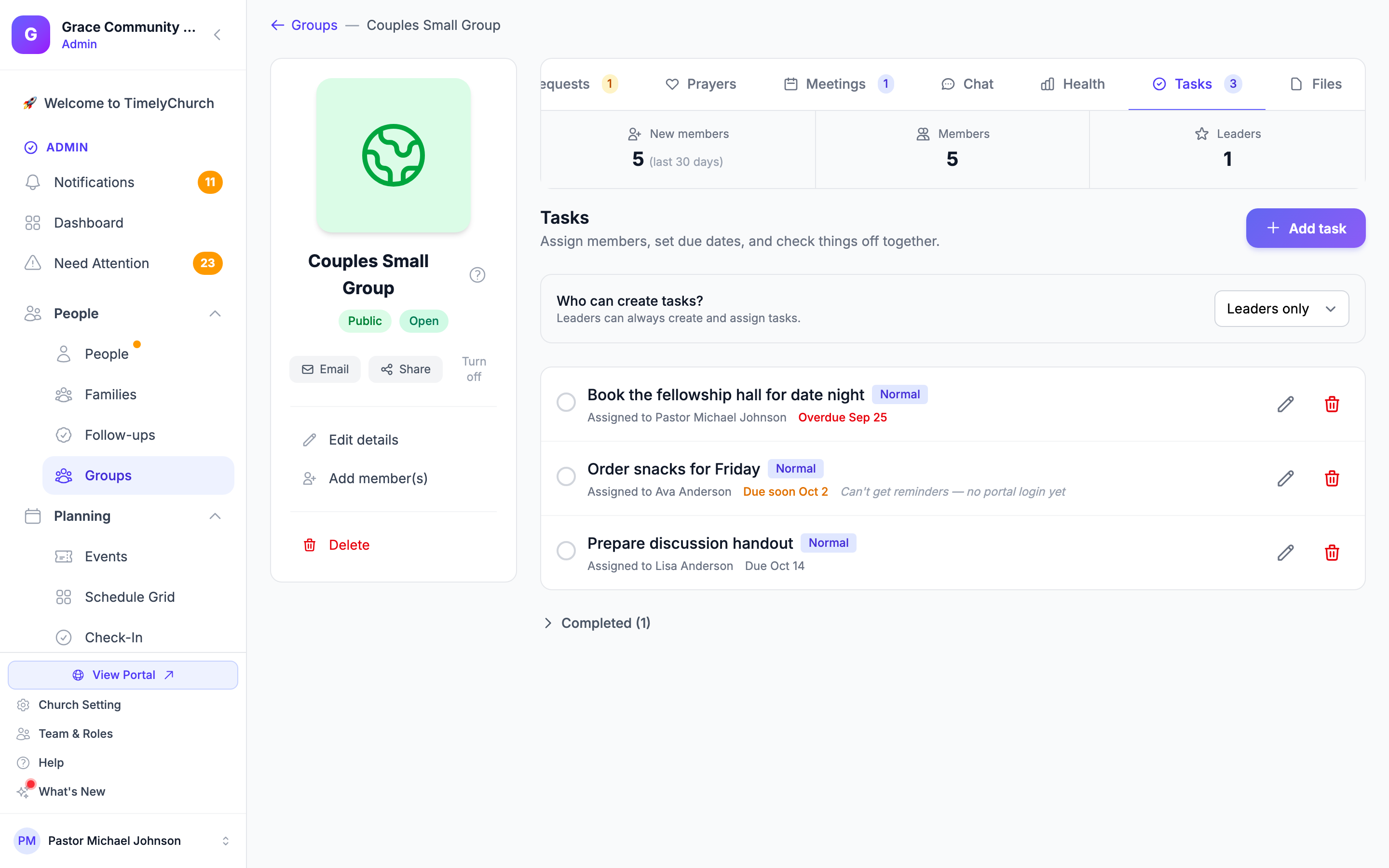 The Tasks tab of a group with open tasks, due dates, and the Add task button