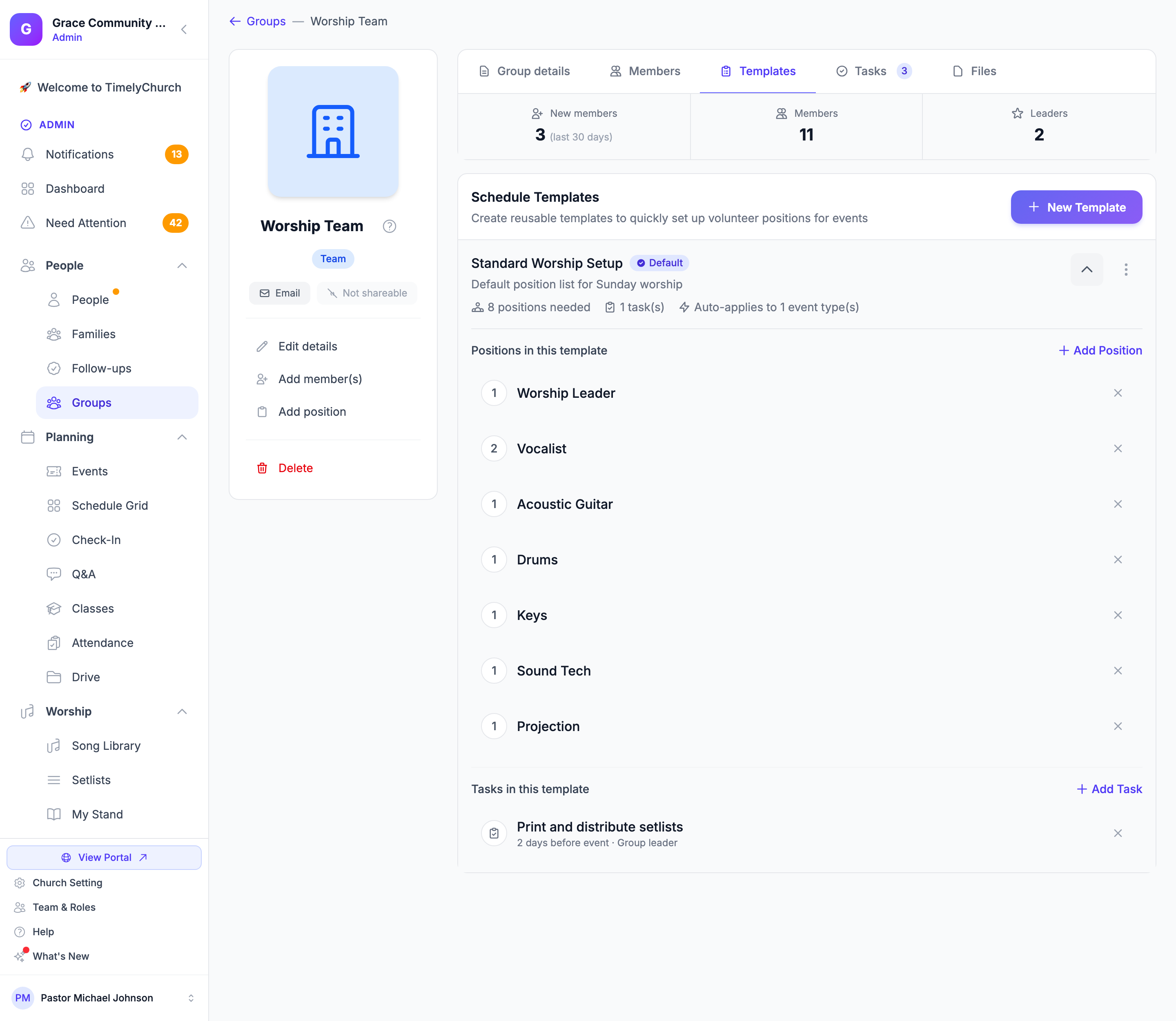 The Templates tab of a team with a default template, its positions, and its tasks
