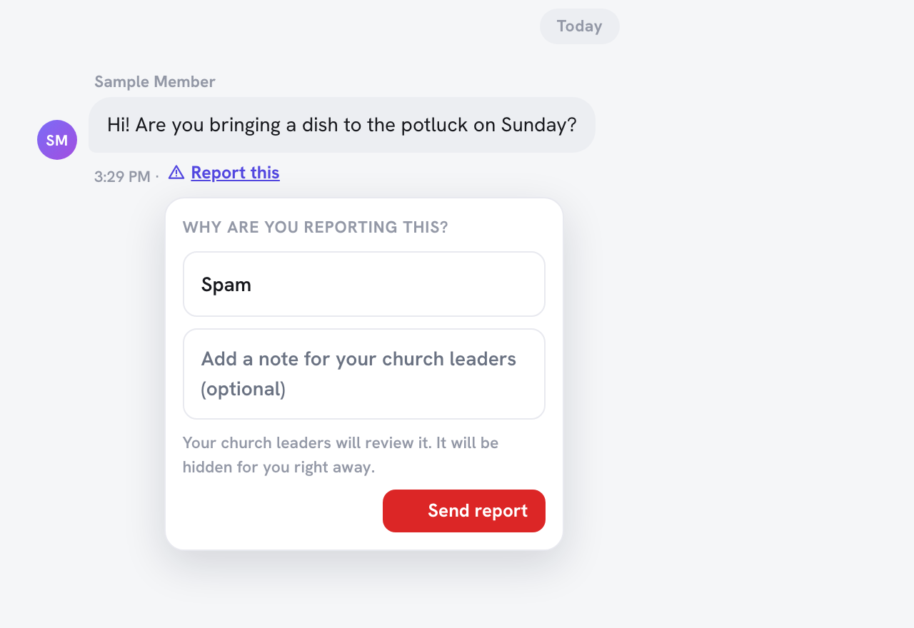 a message thread in the Member Portal with the "Report this" form open, showing the "Why are you reporting this?" reason list, the optional note box and the Send report button