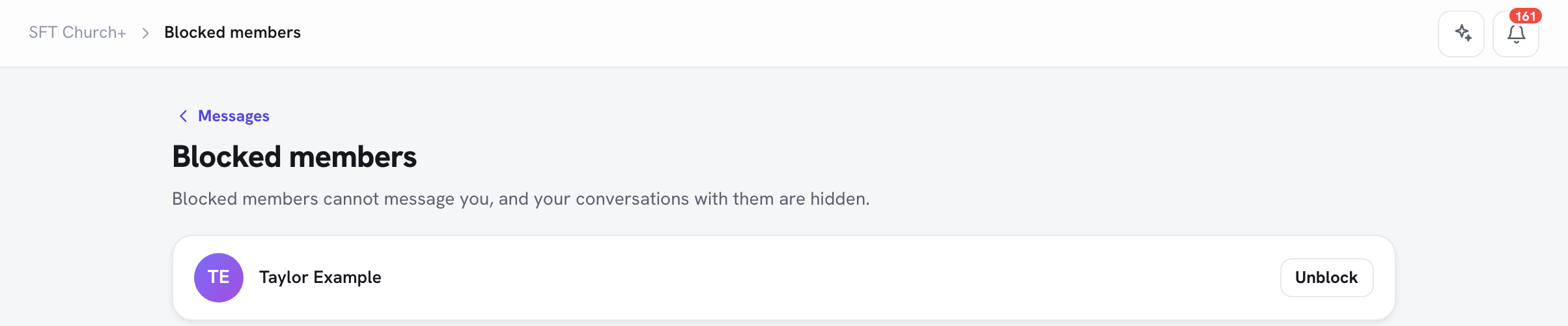 the Member Portal "Blocked members" page listing one blocked person with the Unblock button