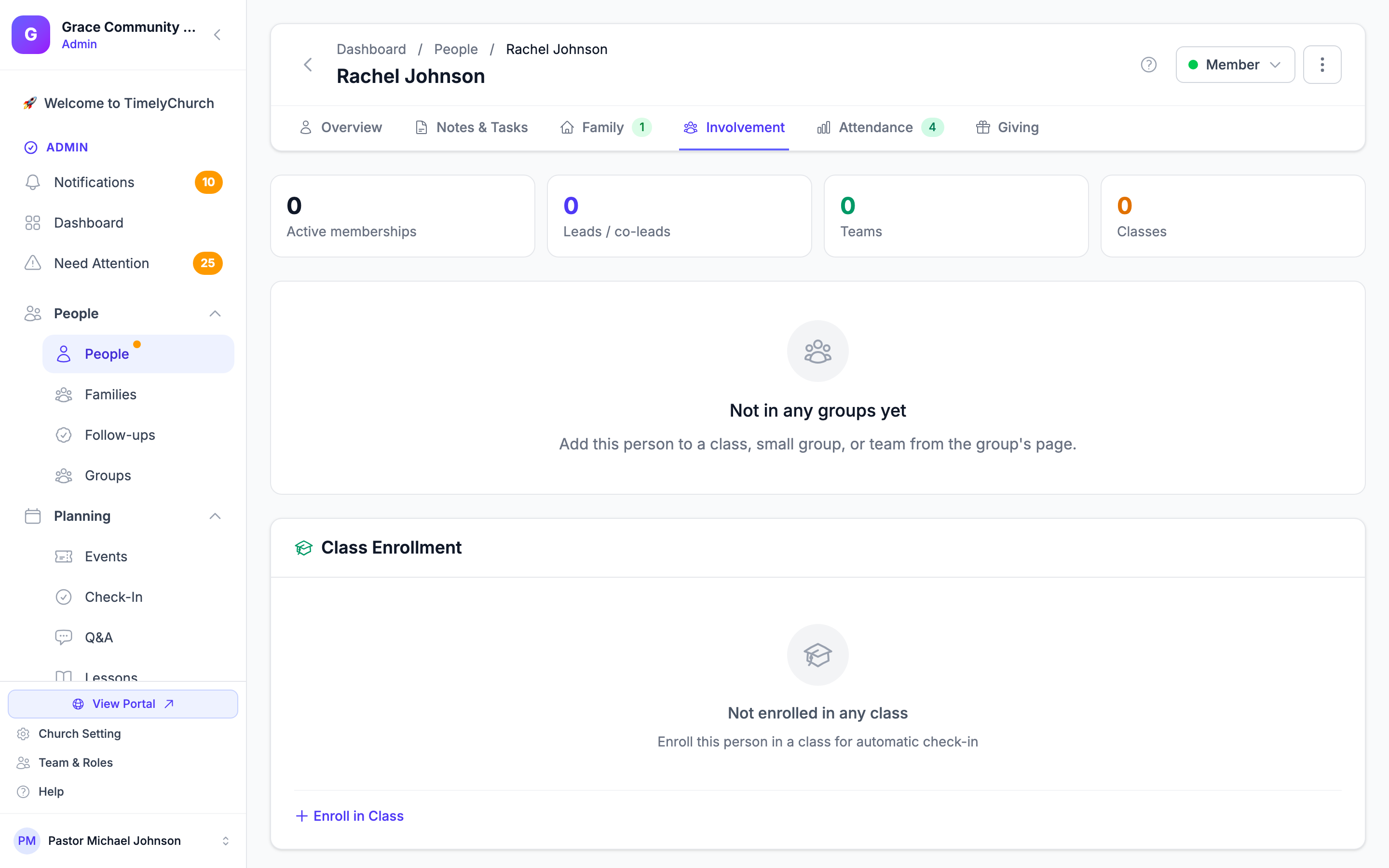 Involvement tab showing group memberships, class enrollment, and serving assignments