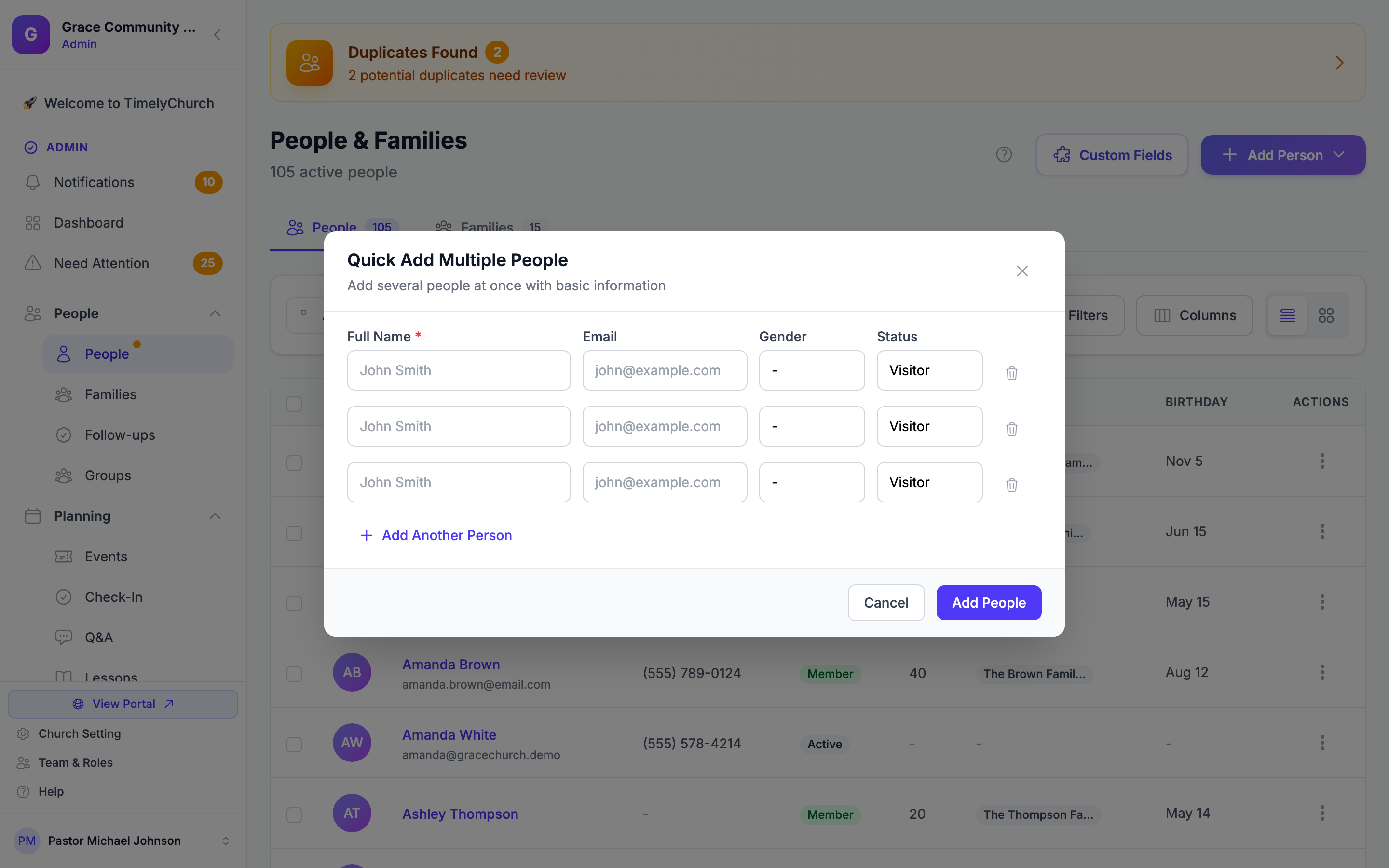 Quick Add Multiple People dialog showing rows with full name, email, gender, and status fields, plus an "Add Another Person" link