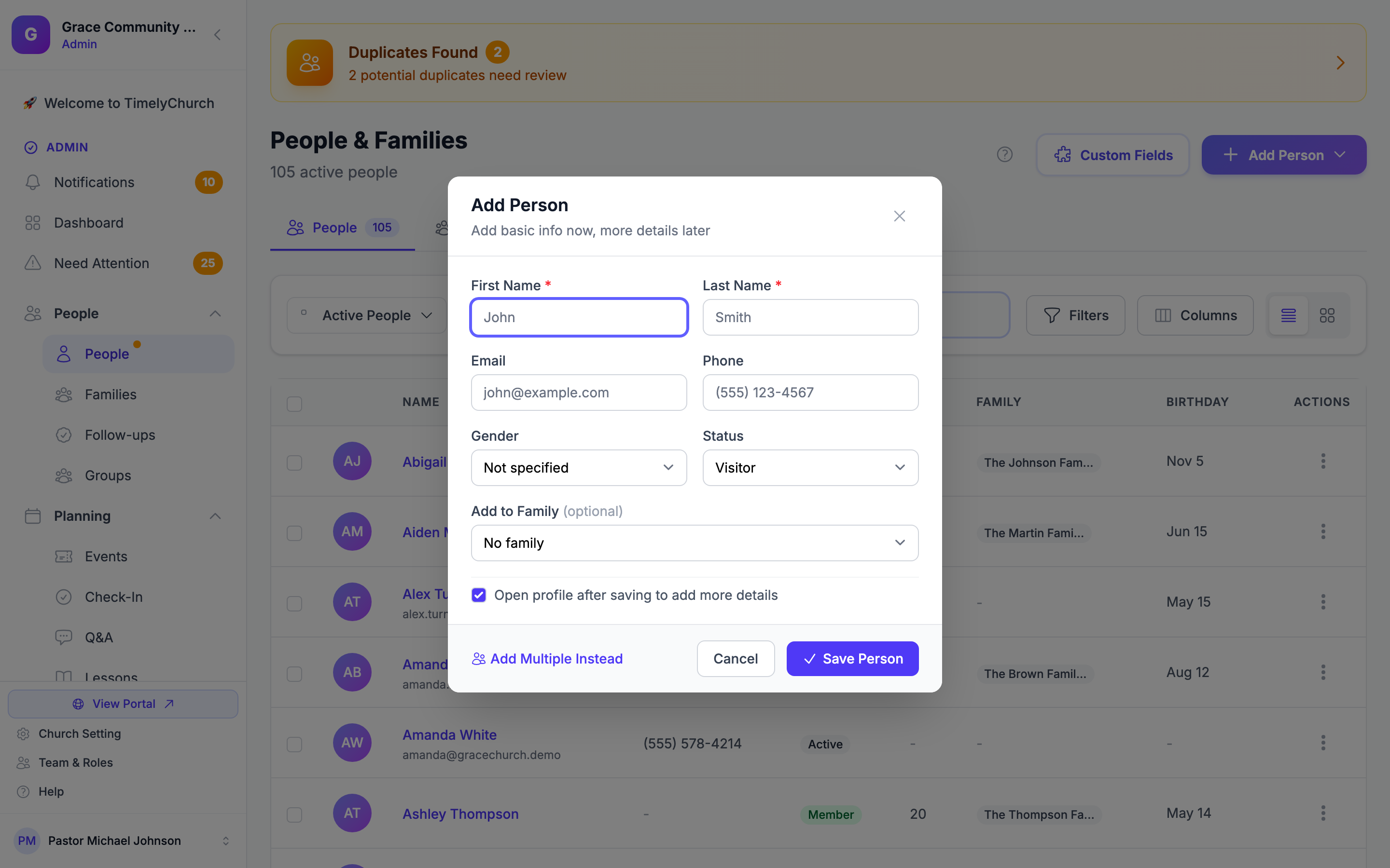 Add Person dialog with fields for first/last name, email, phone, gender, status, and family, plus the "Open profile after saving" checkbox