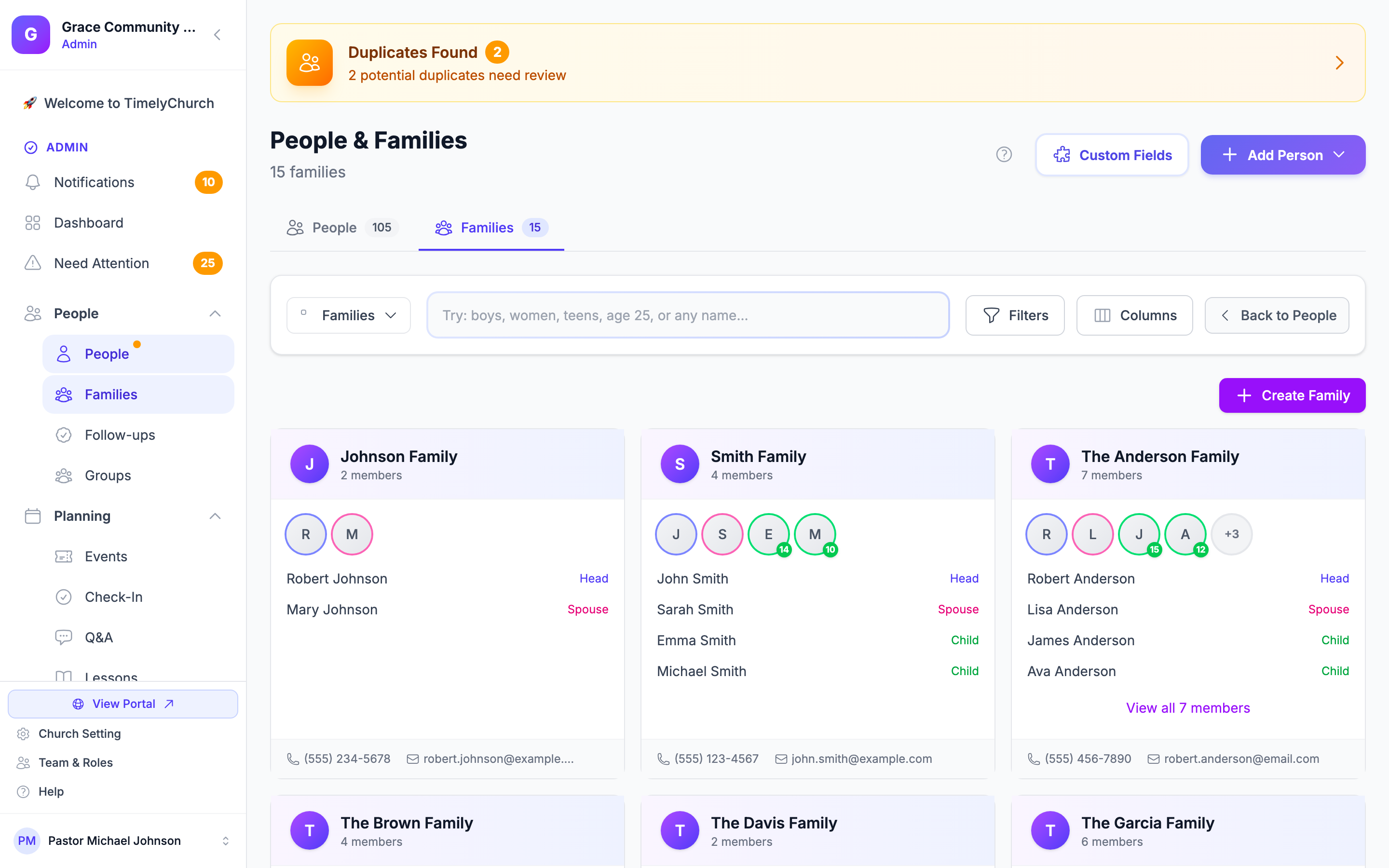 Families view showing family cards with member names and roles
