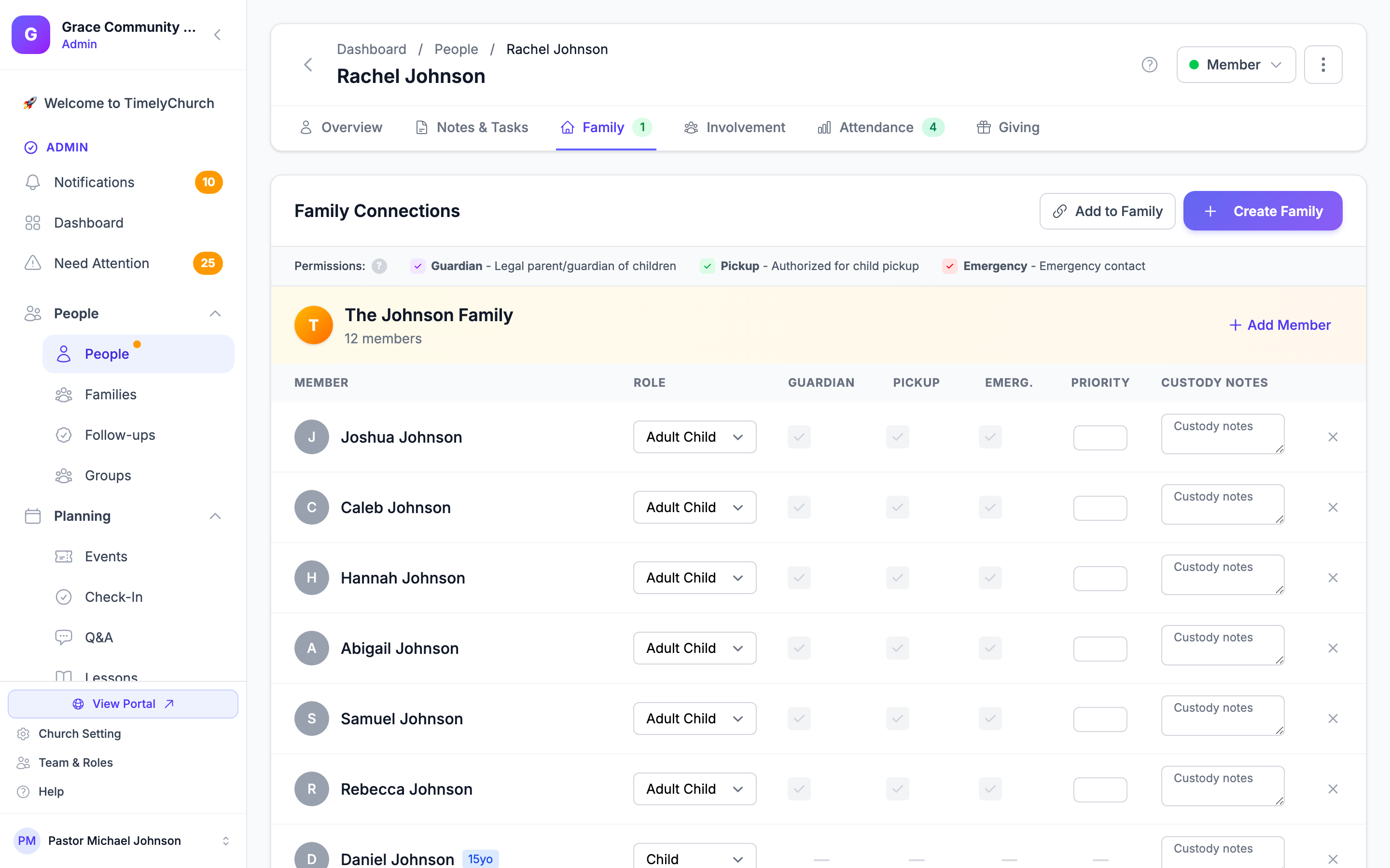 Create Family dialog showing family name field, role dropdown, and member search