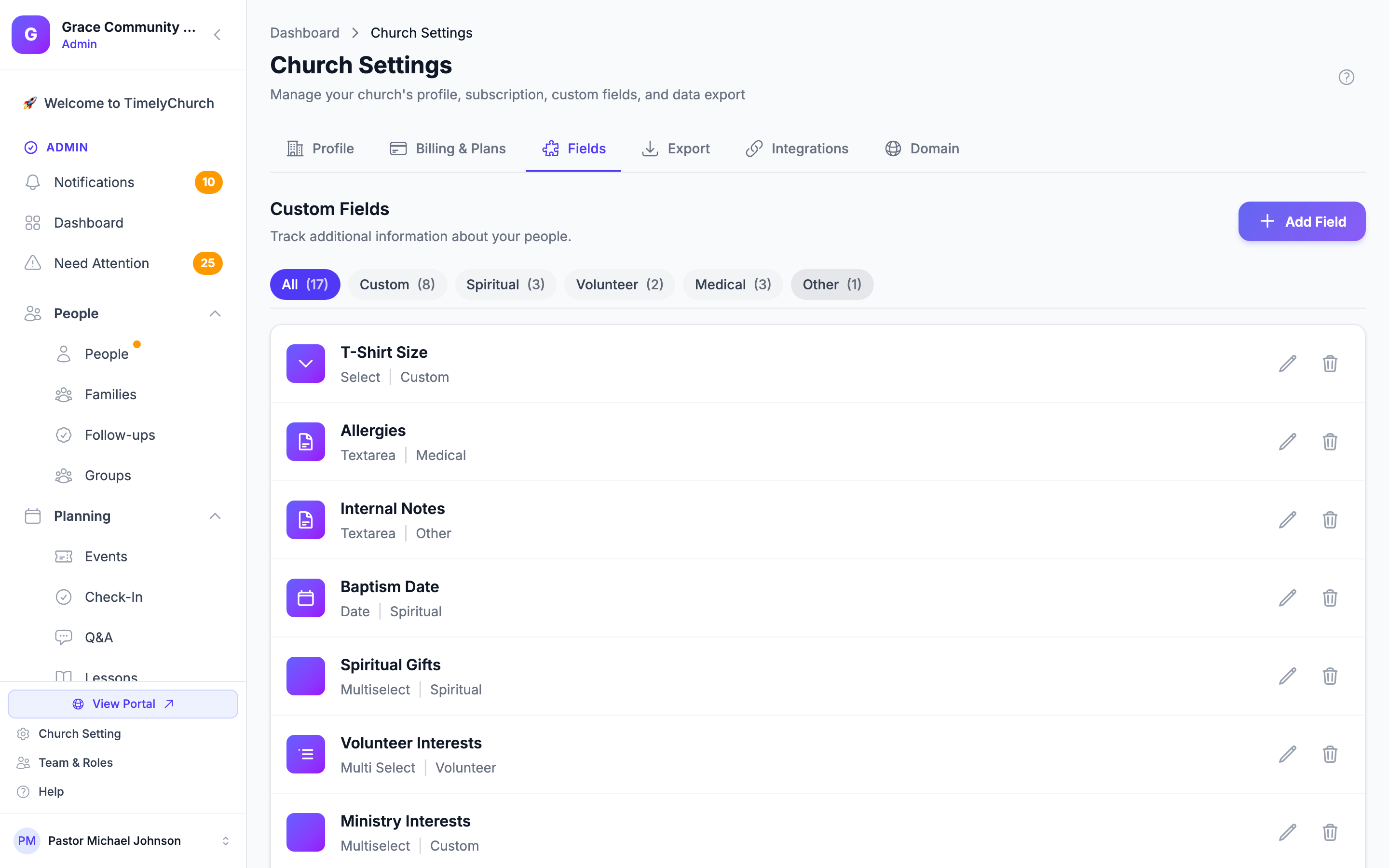 Add Custom Field form showing name, type dropdown, tab selector, and visibility toggles