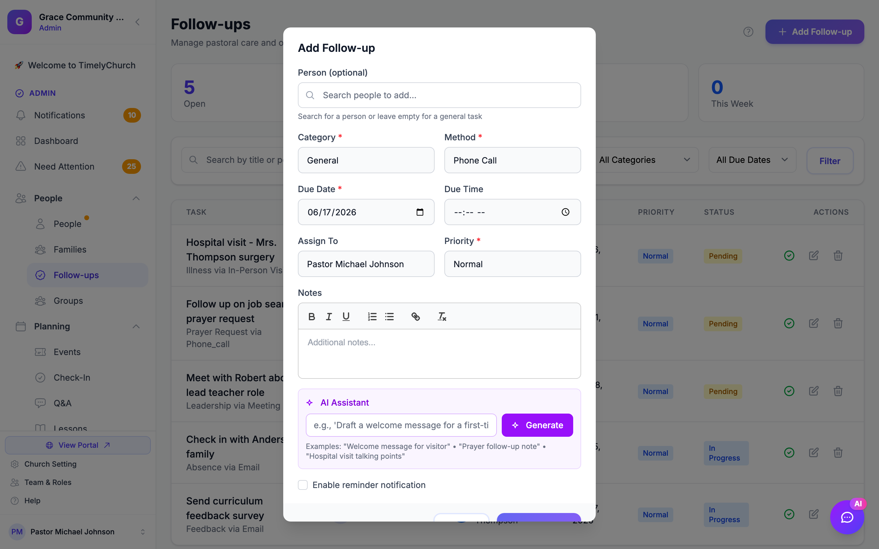 Create Follow-Up form showing category, method, due date, assignee, and priority fields