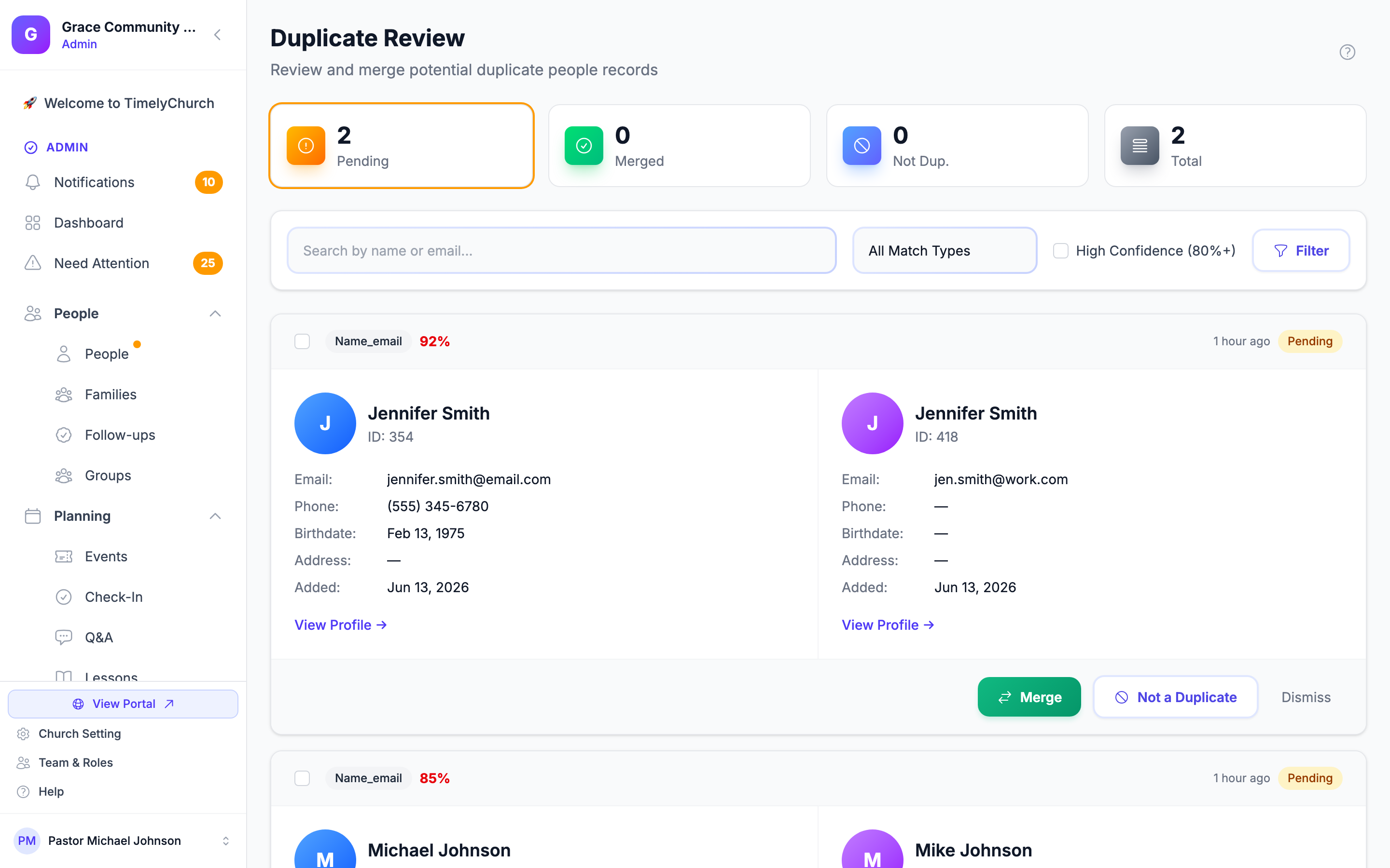 Duplicate Review page showing pairs of potential duplicates with confidence scores and action buttons