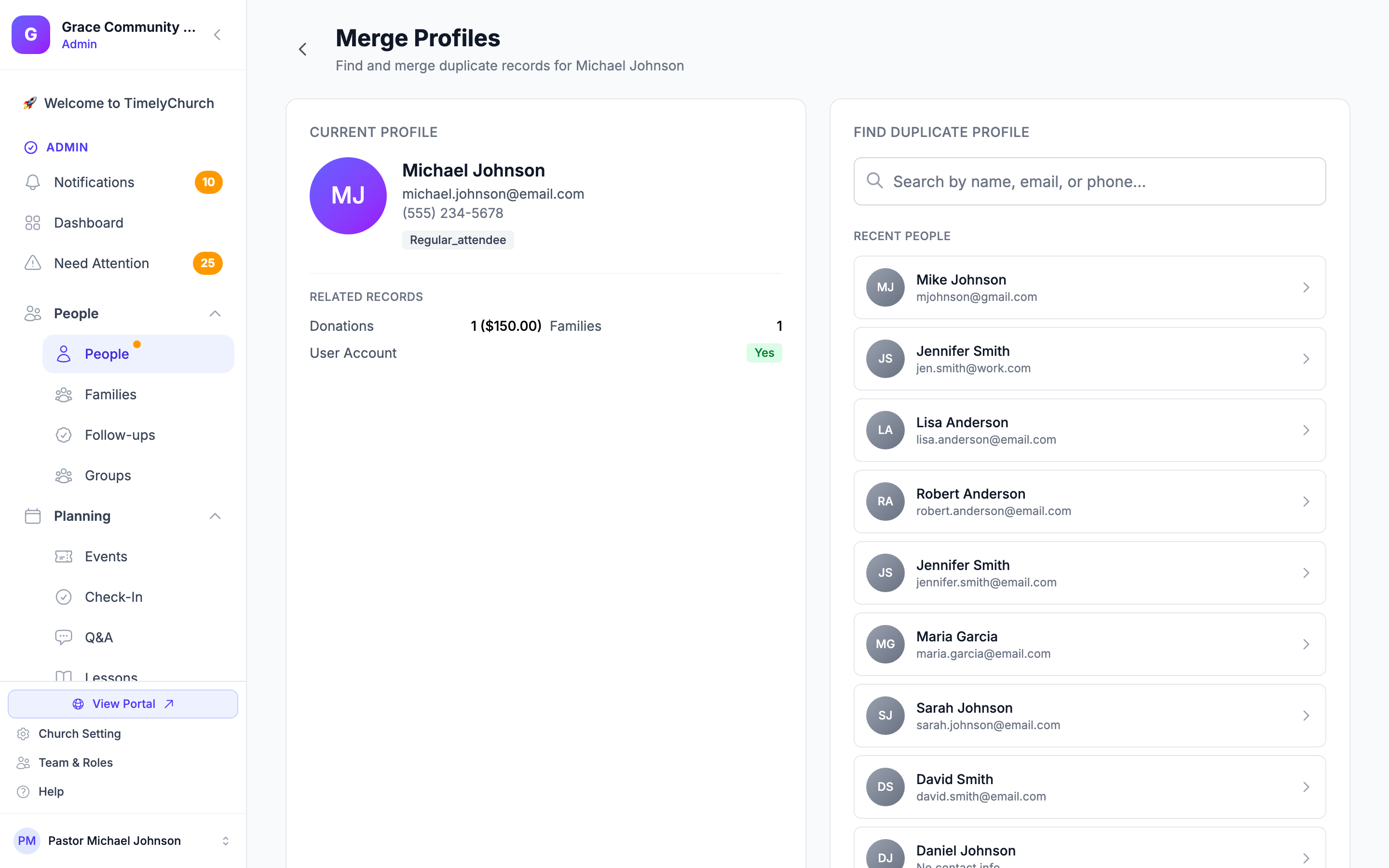 Merge search page showing search field and list of potential matches