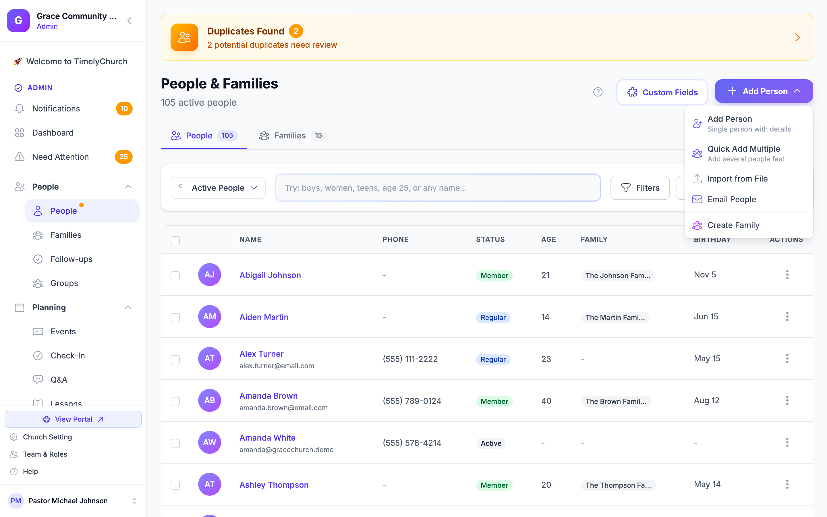 People page with the Add Person dropdown open, showing the "Import from File" option