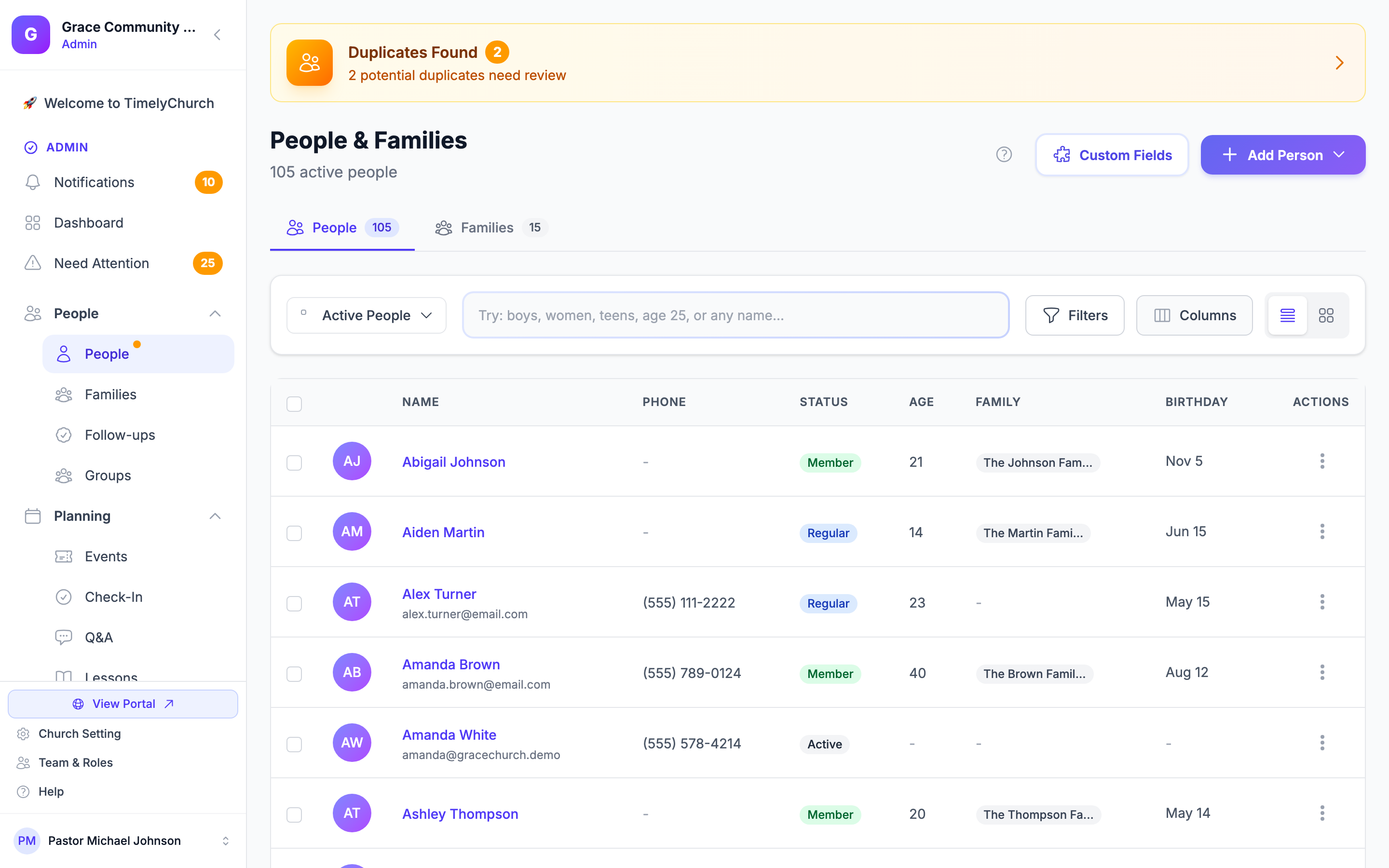 Import results message showing counts of people imported, duplicates skipped, and errors