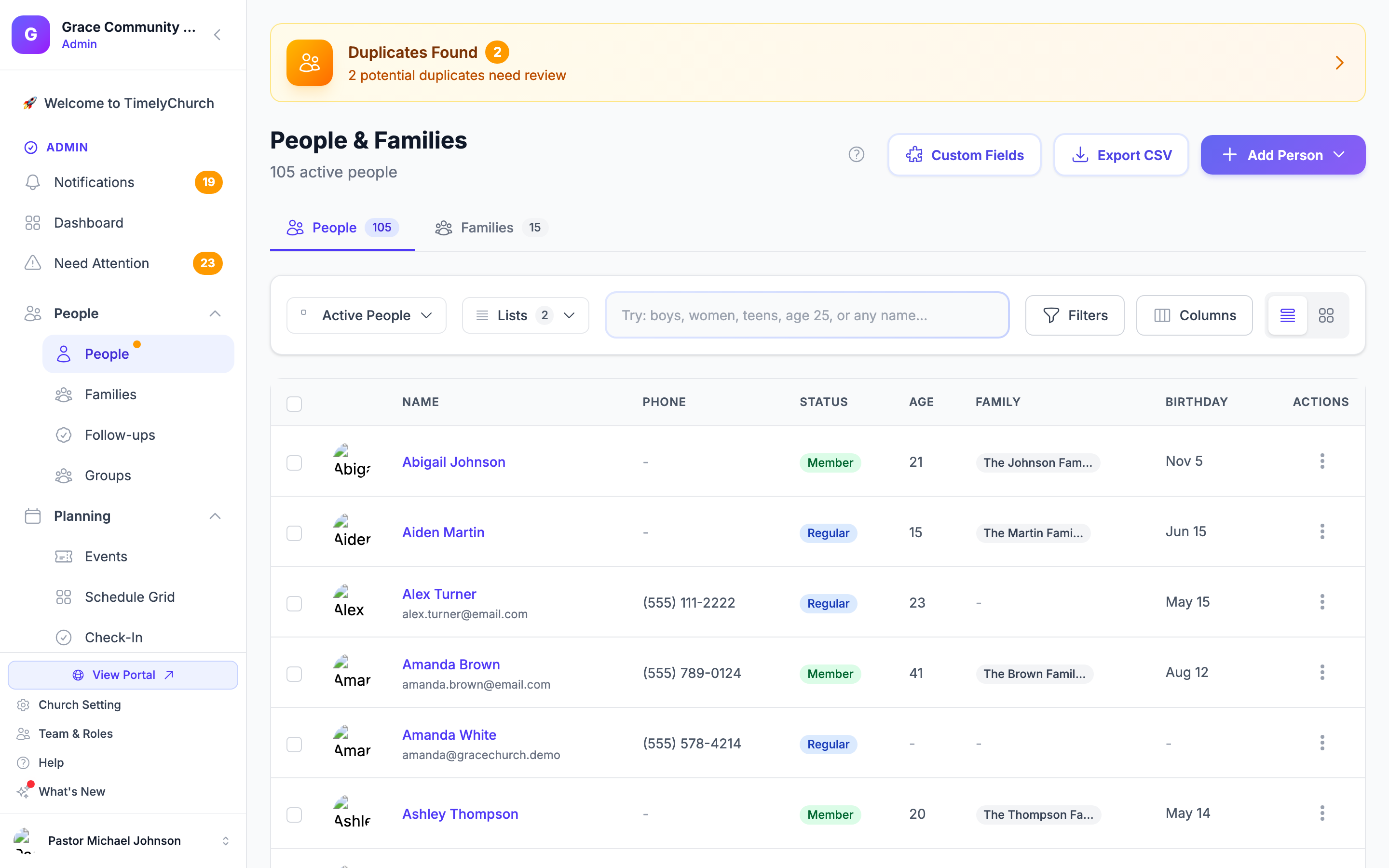 The People page toolbar: the Lists control with its live list count sits between the status selector and search, next to Filters and Columns.