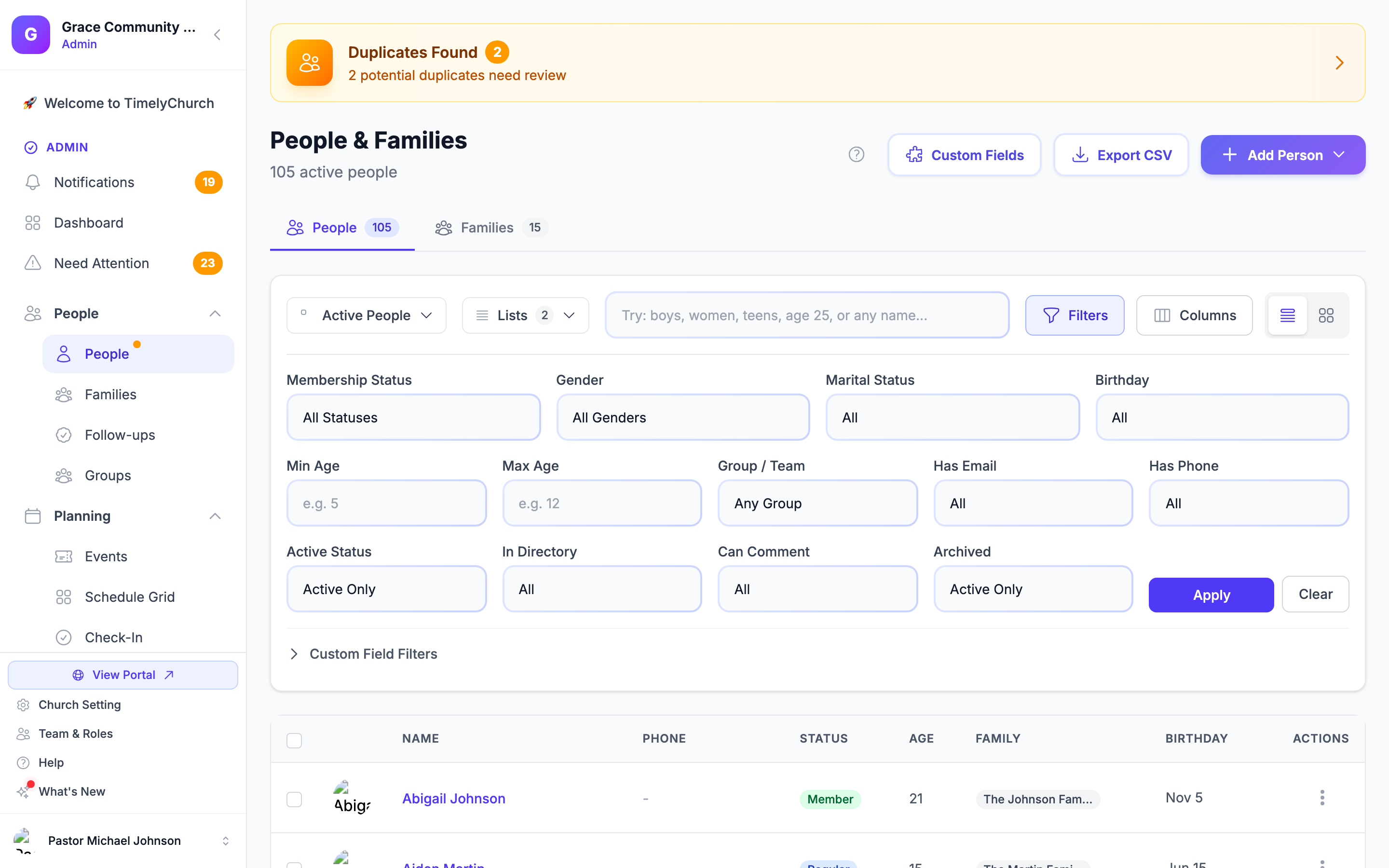 The People page Filters panel open, showing Membership Status, Gender, Marital Status, Birthday, Min Age, Max Age, Group / Team, Has Email, Has Phone, Active Status, In Directory, Can Comment and Archived, with the Apply and Clear buttons and the Custom Field Filters section