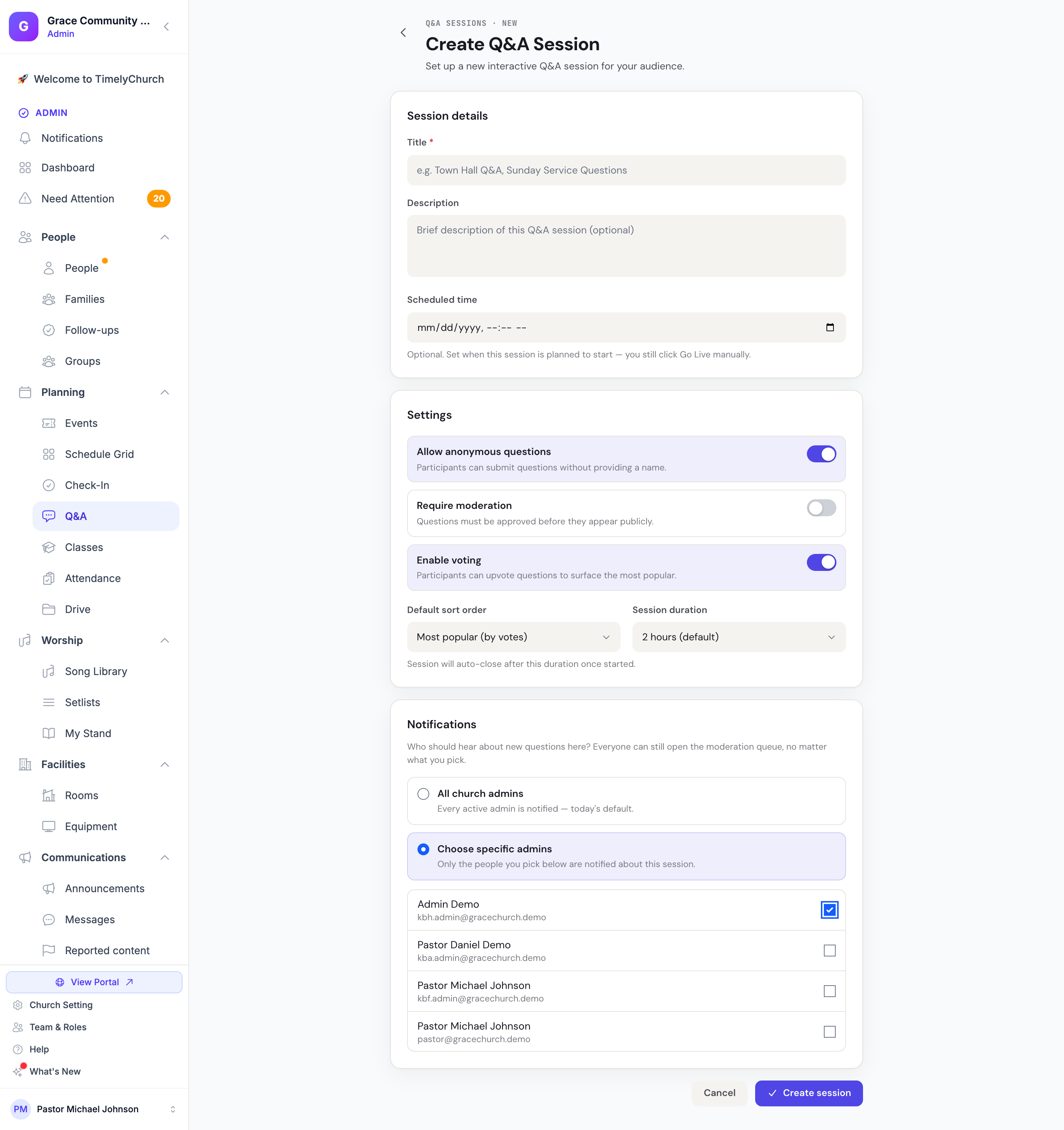 The Notifications card on the Create Q&A Session form with Choose specific admins selected and one admin ticked