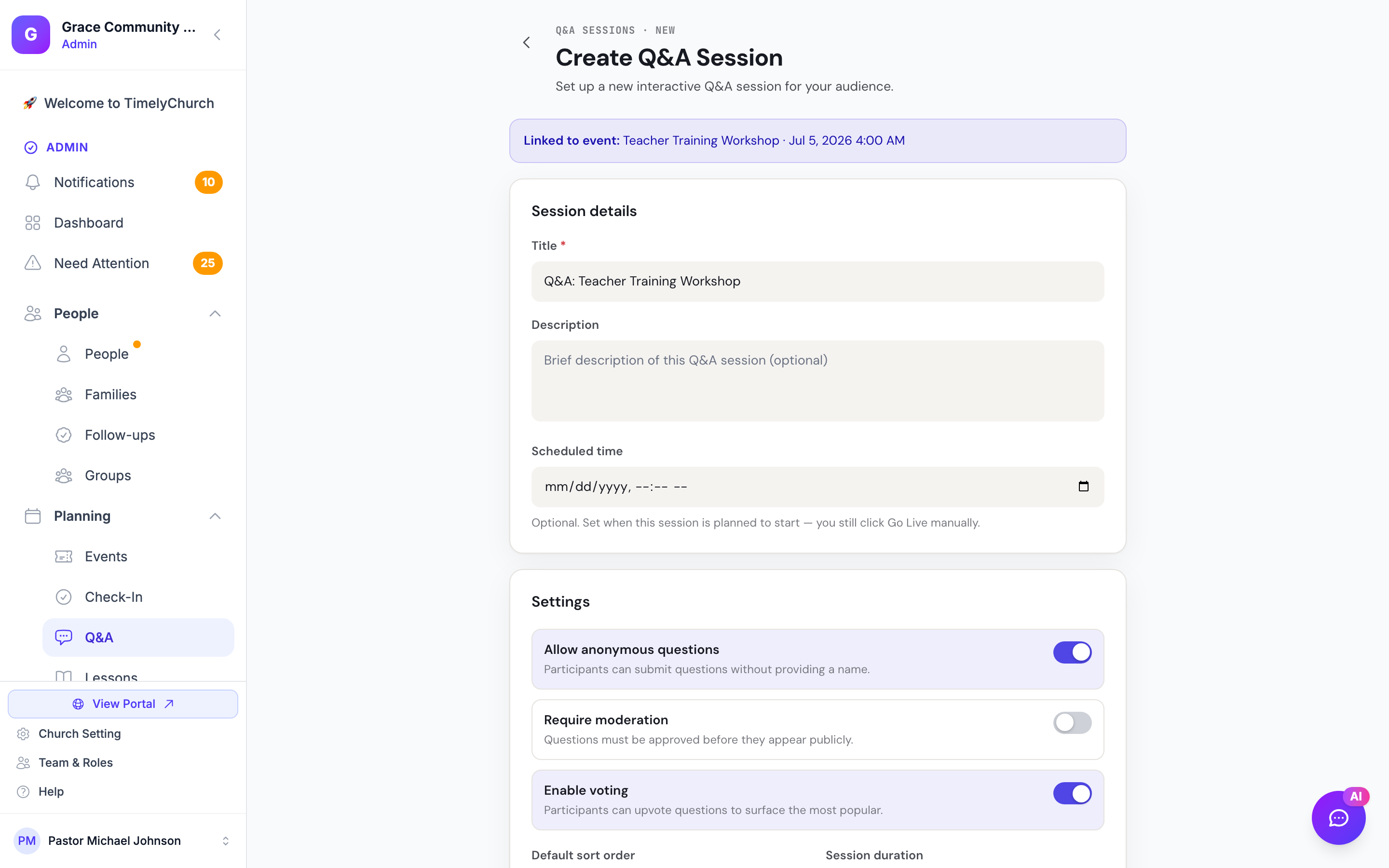 The Create Q&A Session form showing the "Linked to event:" banner at the top and the title field pre-filled with "Q&A: {event title}".