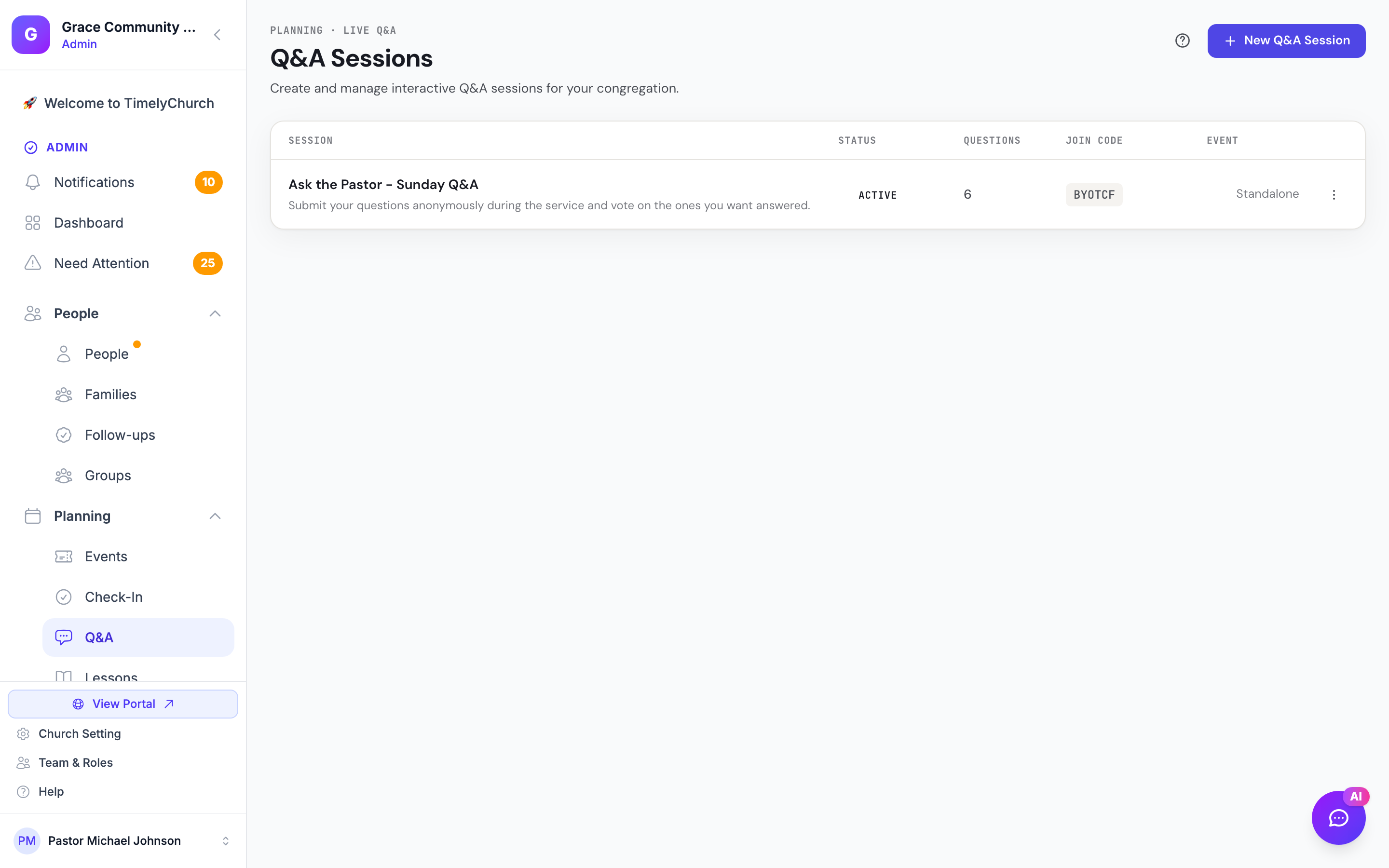 The event's Q&A tab listing a linked session card with its title, status badge, question/participant counts, join code, and the "Host panel" and "Open" buttons.