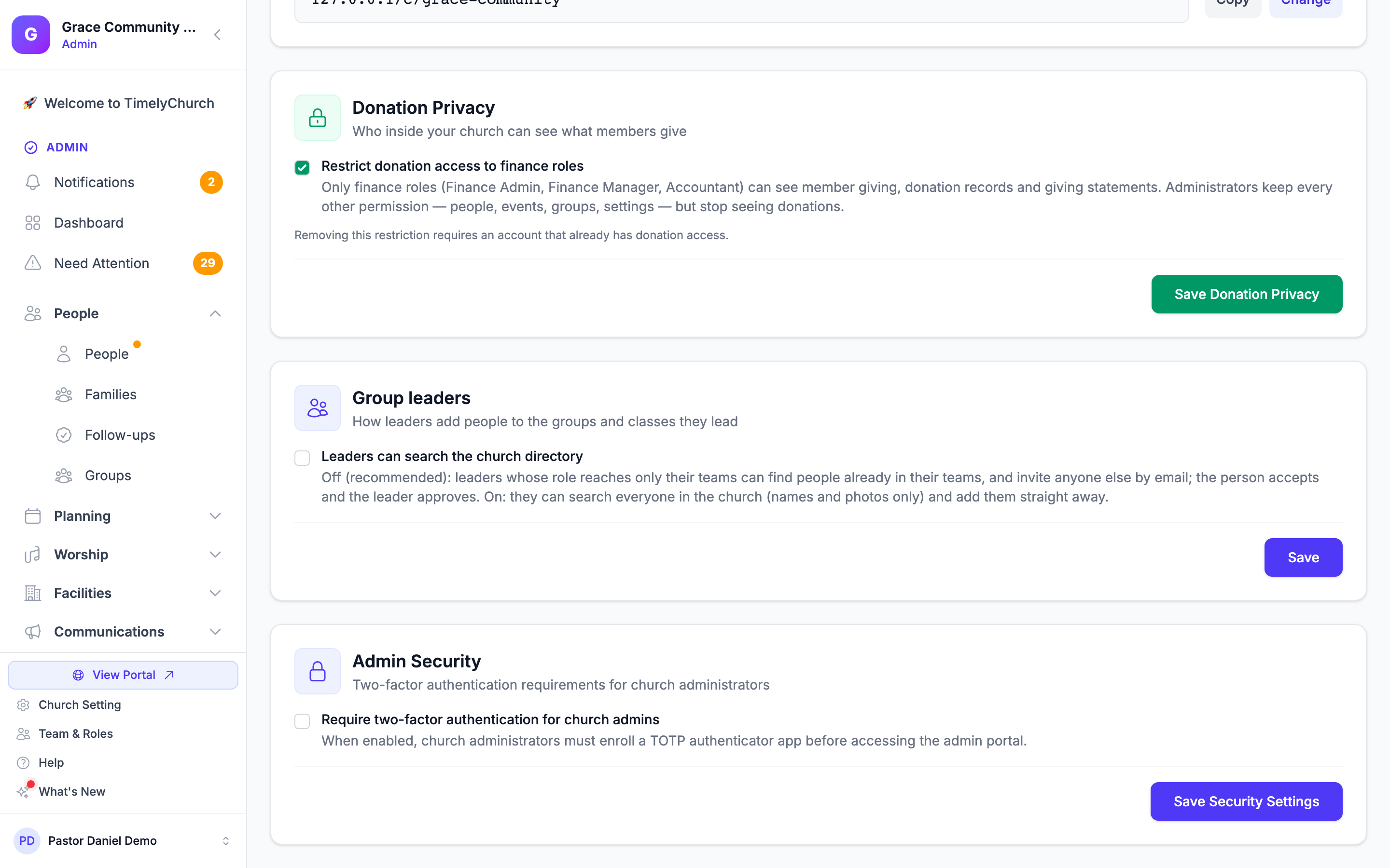 The Donation Privacy, Group leaders and Admin Security cards on the Profile tab, each with its checkbox and save button