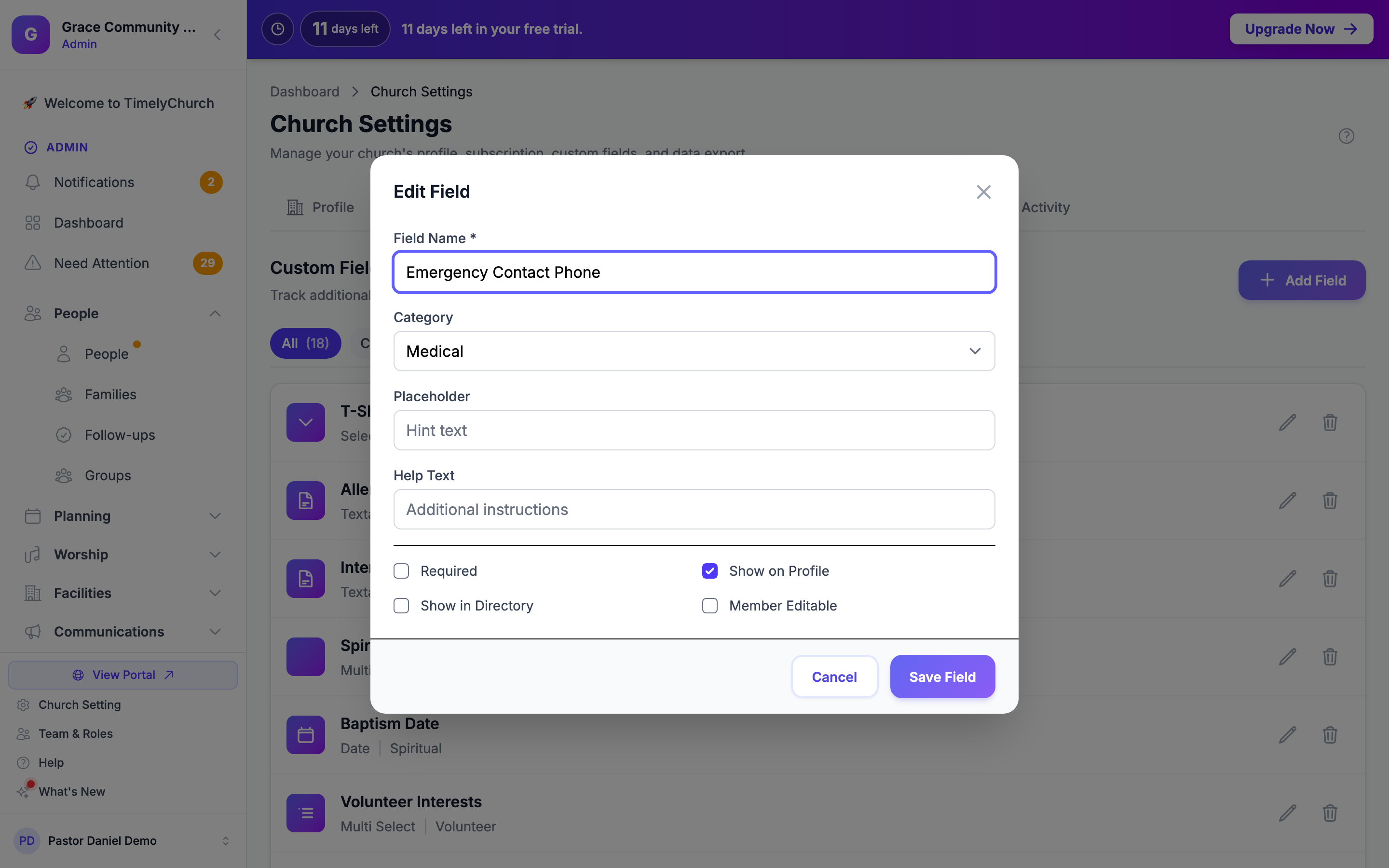 The Edit Field window with the Field Name, Category, Placeholder, Help Text and the Required, Show on Profile, Show in Directory and Member Editable checkboxes