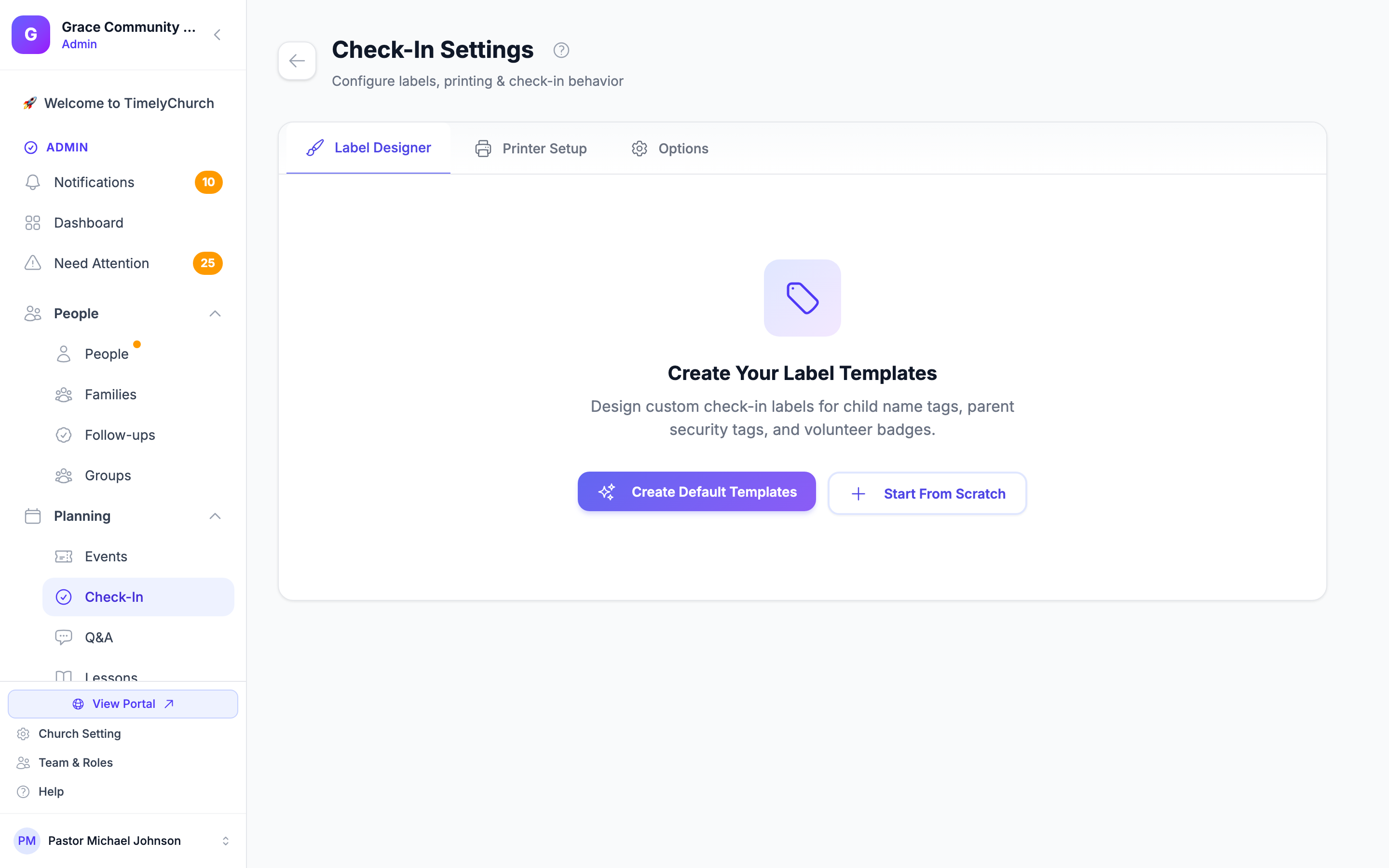 The Check-In Settings page with the Label Designer, Printer Setup, and Options tabs across the top.