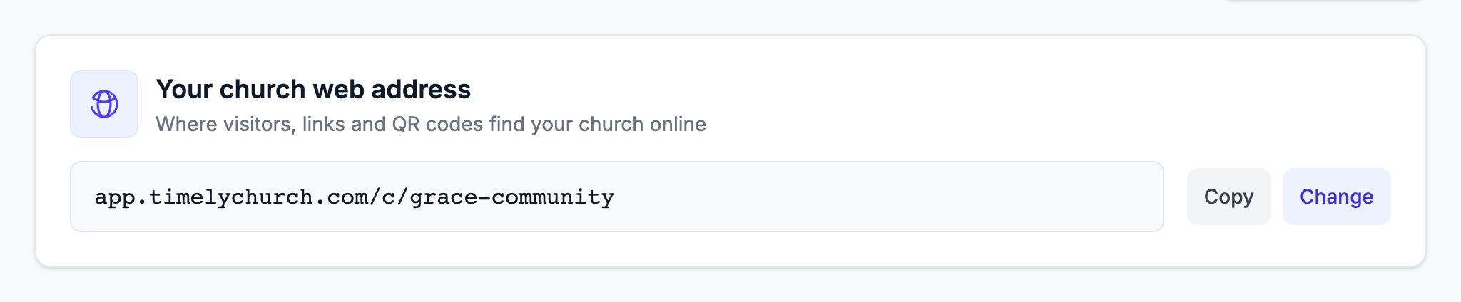 The "Your church web address" card on the Profile tab of Church Settings, showing the full address with the Copy and Change buttons