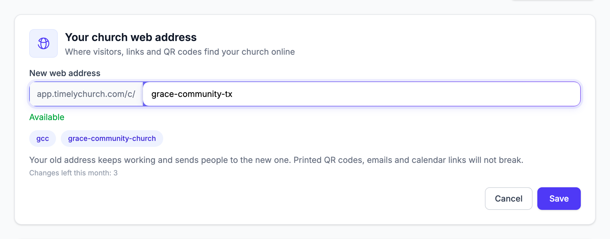 The Change form open, with a new address typed in, "Available" in green underneath, the suggestion buttons and the promise sentence