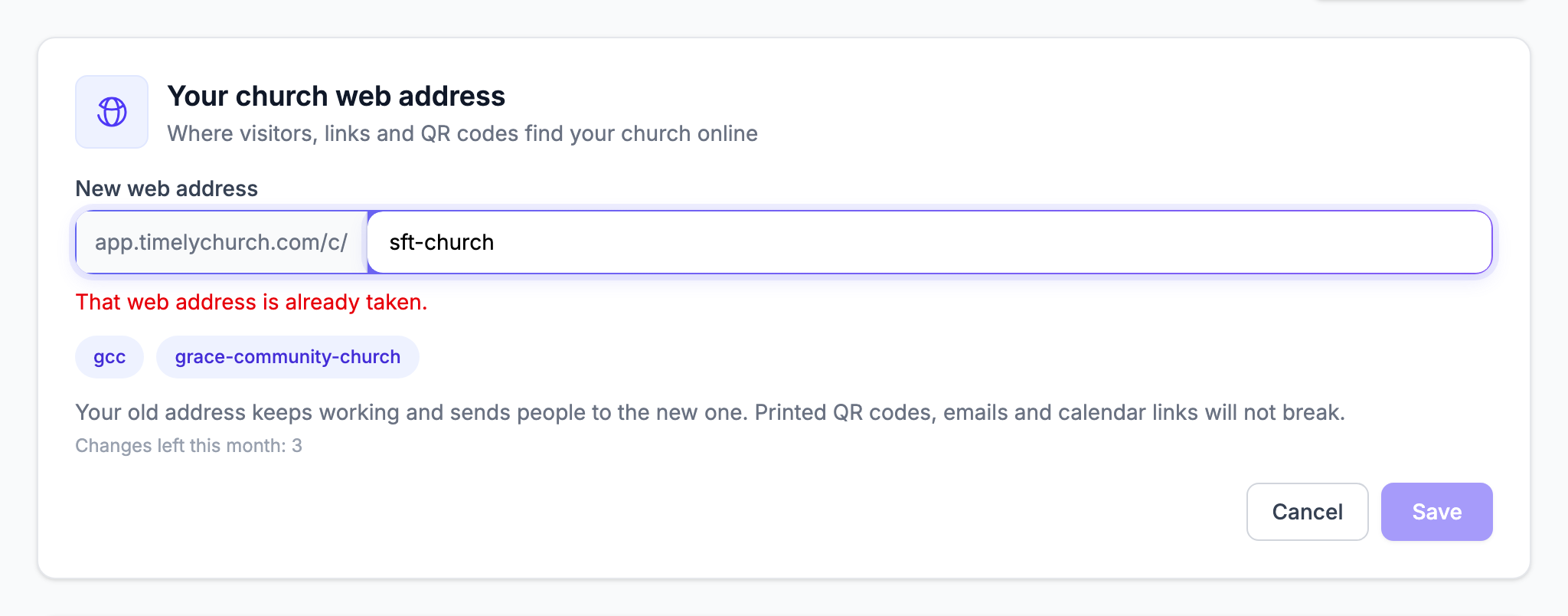 The Change form with an address that is already taken: the red message underneath and the Save button greyed out