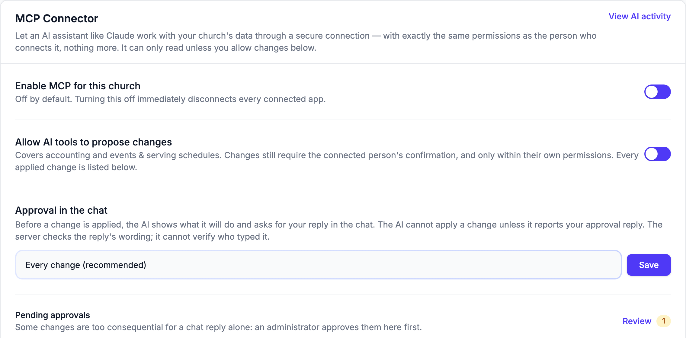 The MCP Connector card on the Integrations tab, switched on, showing "Enable MCP for this church", "Allow AI tools to propose changes", the "Approval in the chat" dropdown, and the "View AI activity" link
