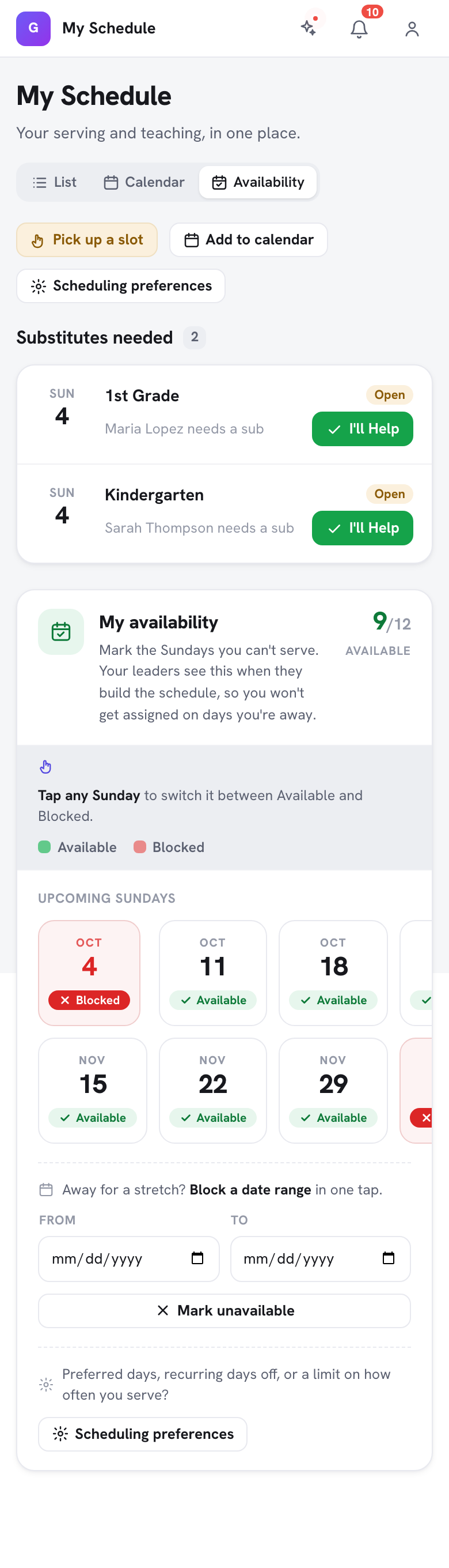 The Availability view of My Schedule, showing upcoming Sundays as Available or Blocked tiles and the Block a date range option with From and To dates