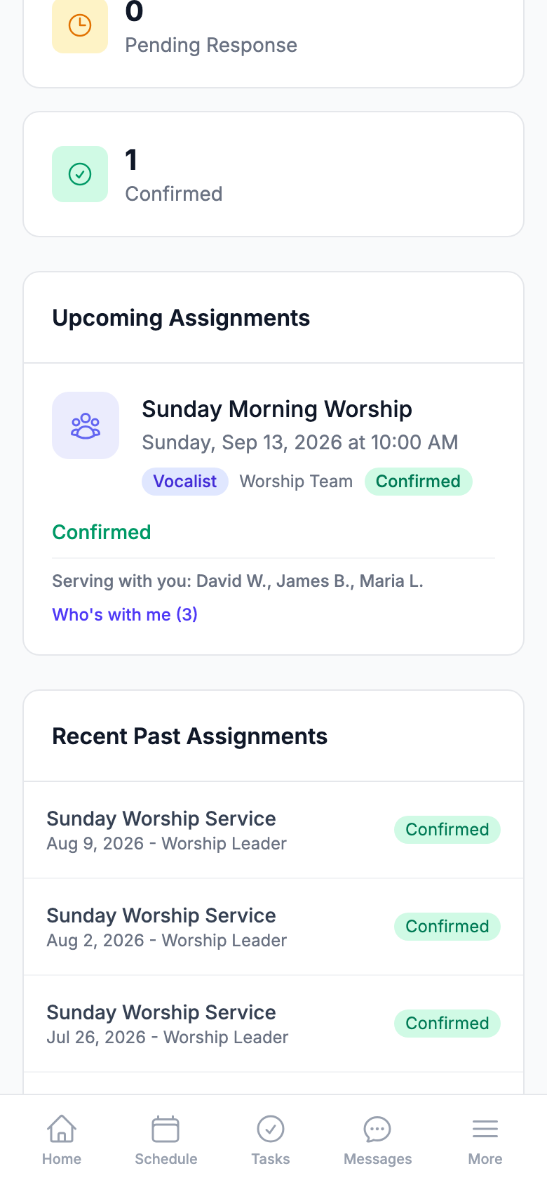 A serving entry on the Serving schedule, seen on a phone: the event name and time, the position you are assigned to, the "Serving with you: David W., James B., Maria L." line underneath it, and the "Who's with me (3)" button below that.