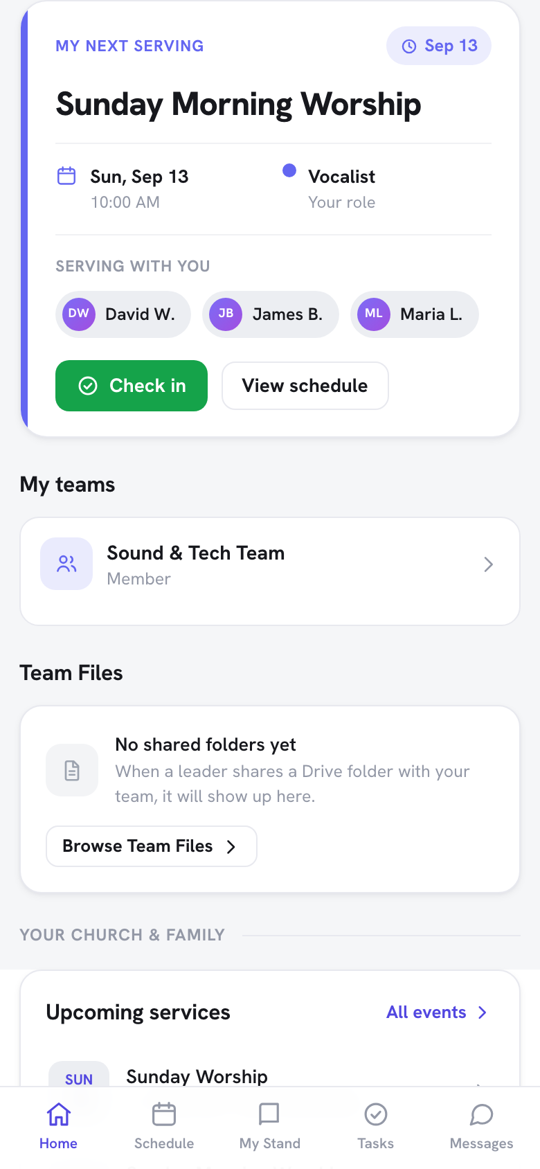 The "My next serving" card on the portal dashboard, seen on a phone, with the other volunteers on that event listed as compact name chips under the assignment.