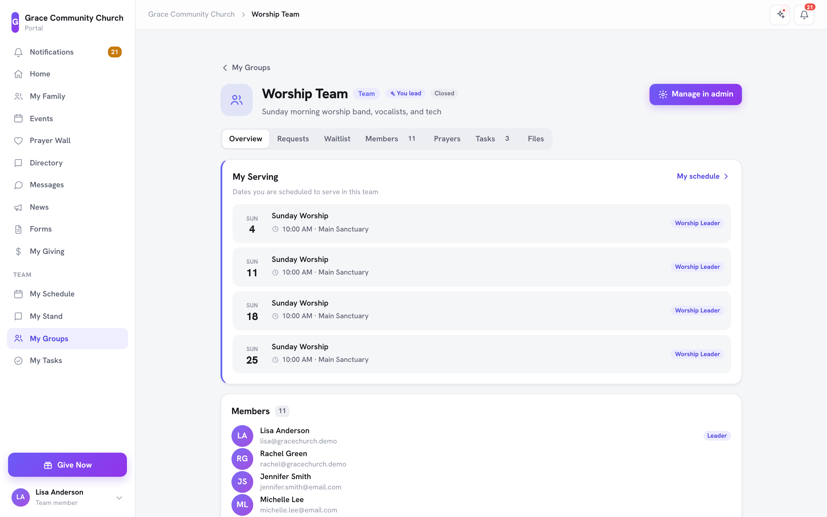 A group's page in the portal as seen by its leader, with the You lead badge and the Overview, Requests, Waitlist, Members, Prayers, Tasks, and Files tabs