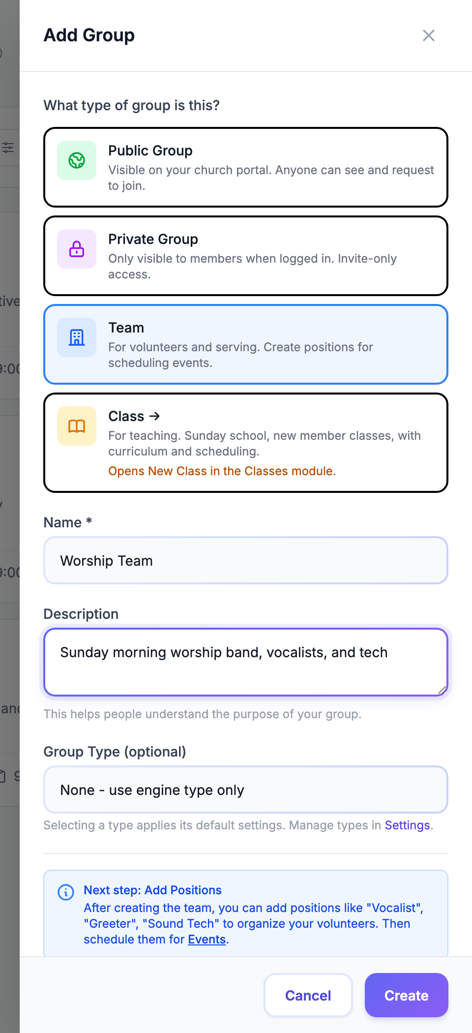The Add Group panel with the Team type selected, the Name field filled in with Worship Team, and the Create button