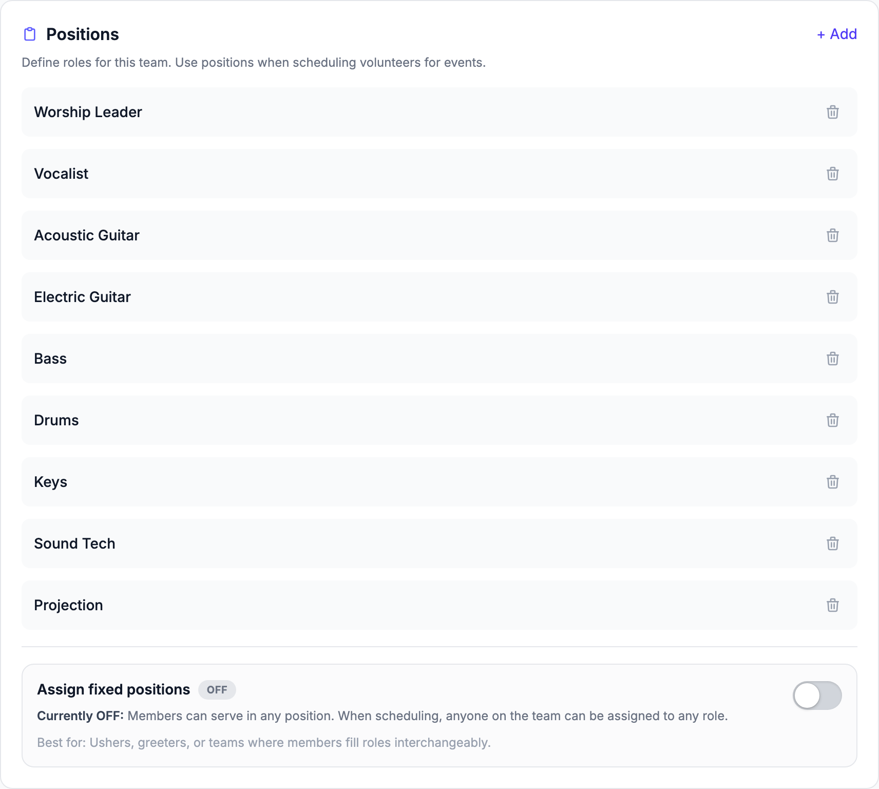The Positions card on the Group details tab listing the worship positions, with the + Add button and the Assign fixed positions switch below the list