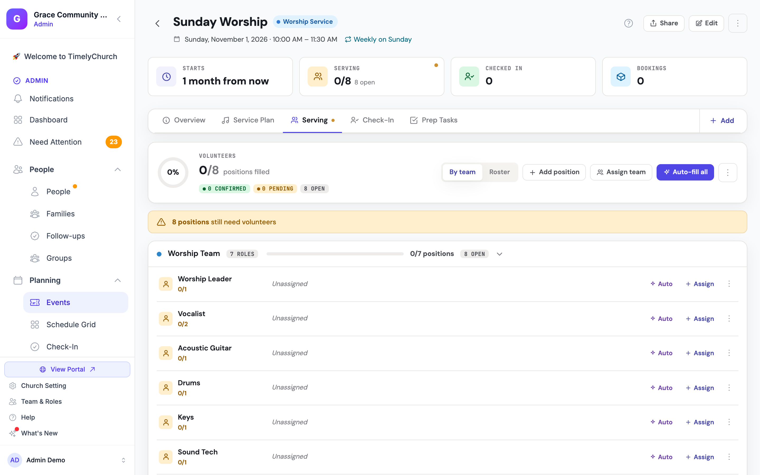 An upcoming Sunday Worship event's Serving tab listing the Worship Team positions from the template, each with its filled-of-needed count and Auto and Assign buttons