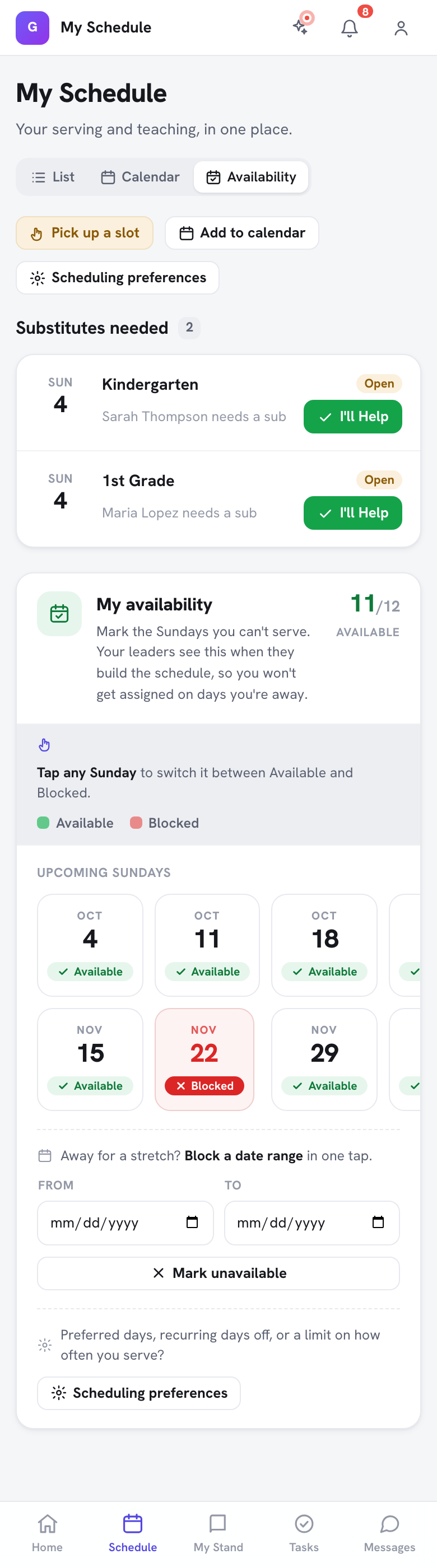 The Availability tab on My Schedule — upcoming Sundays marked Available or Blocked, the Block a date range tool, and the Scheduling preferences button