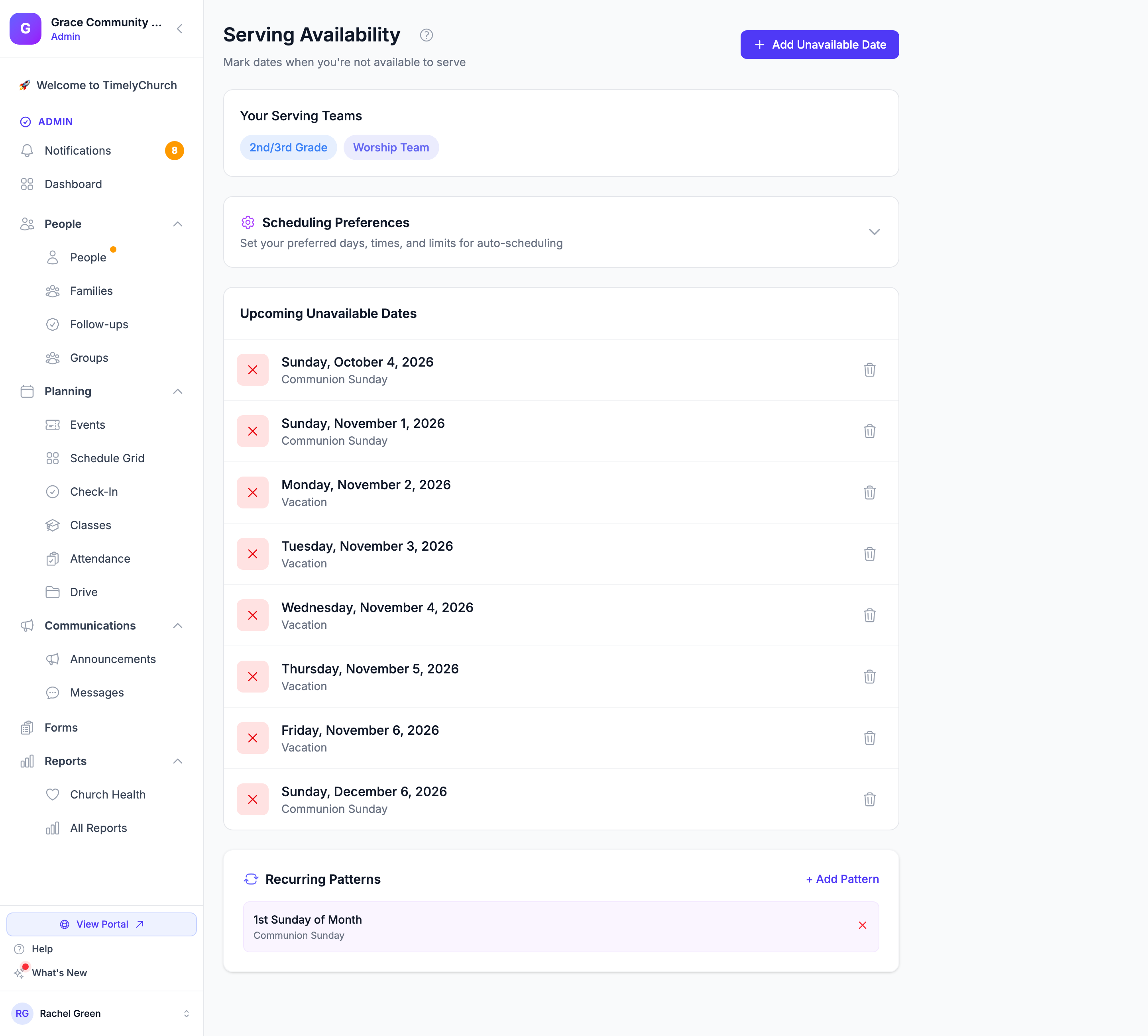 The Serving Availability page — Scheduling Preferences, Upcoming Unavailable Dates showing a two-week vacation, and Recurring Patterns with one pattern